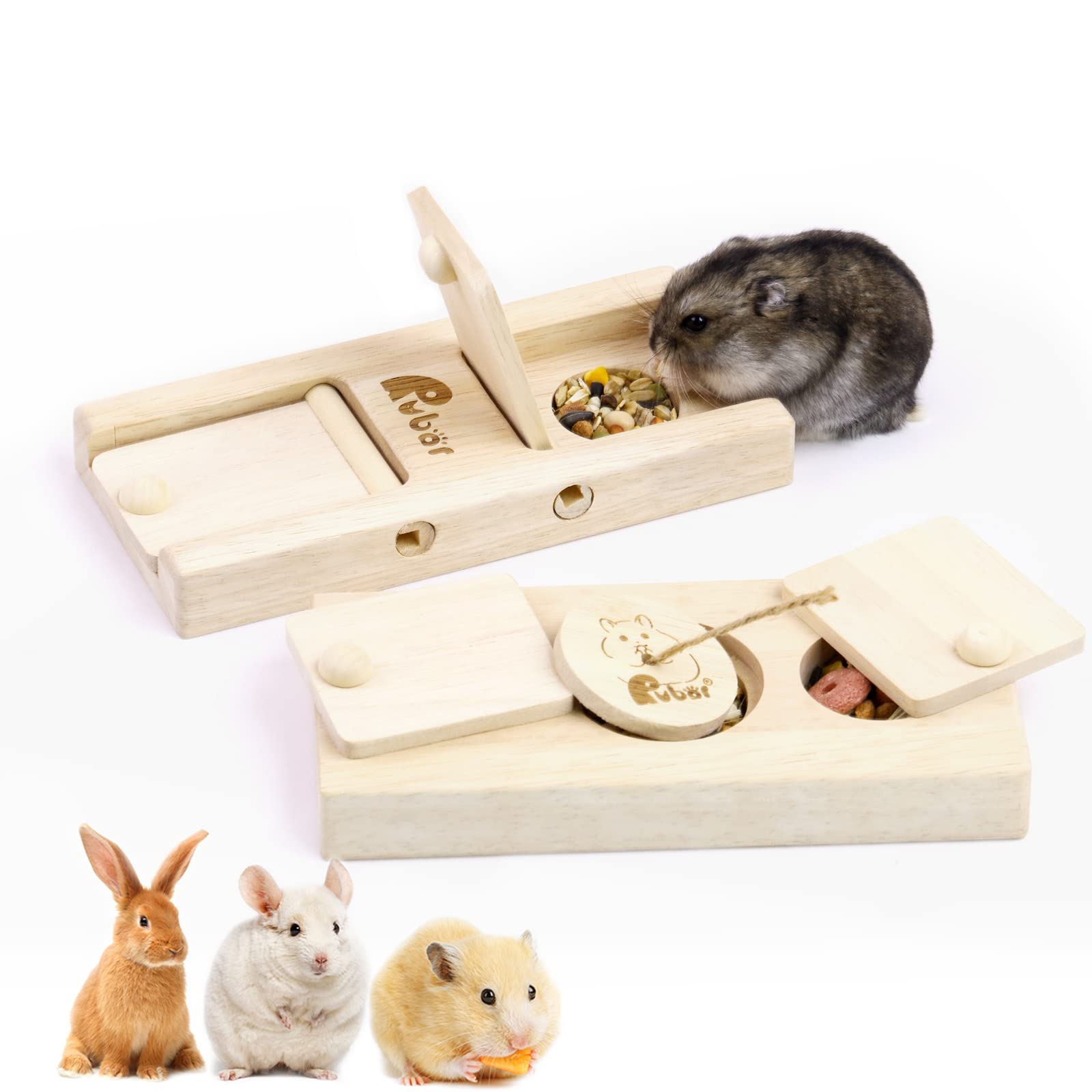 **Wooden Small Animal Foraging Toys - 2Pcs Guinea Pig, Hamster, Rabbit Chew Toys with Hide & Treat Compartments - Interactive Enrichment for Chinchillas, Rats, Gerbils & Dwarf Hamsters - Perfect for Cage Play & Mental Stimulation**