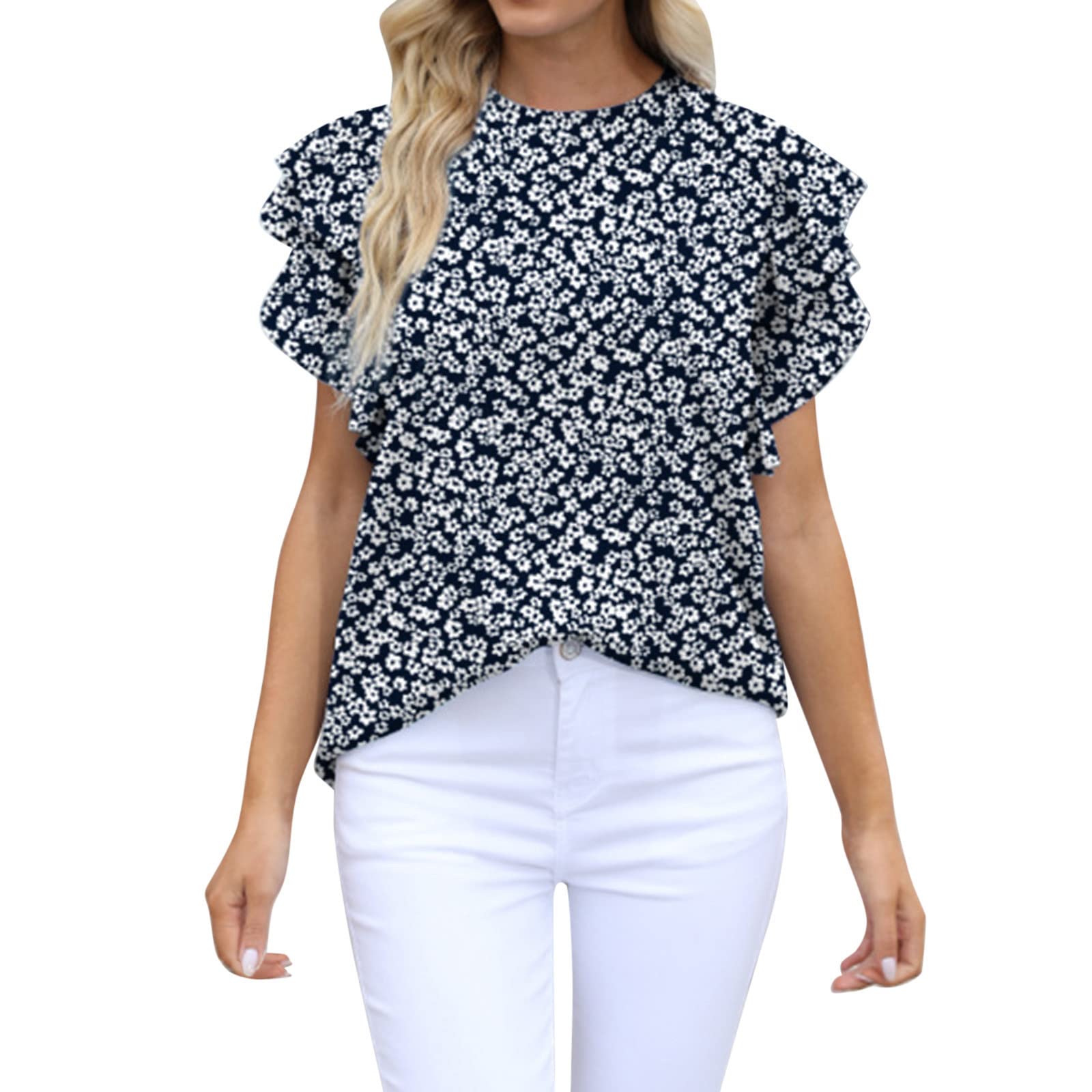 Floral Print Women's Crew Neck Basic Tee Shirts - Petal Sleeve Casual Tops for Summer | Perfect for Beach Outings, Picnics & Everyday Wear