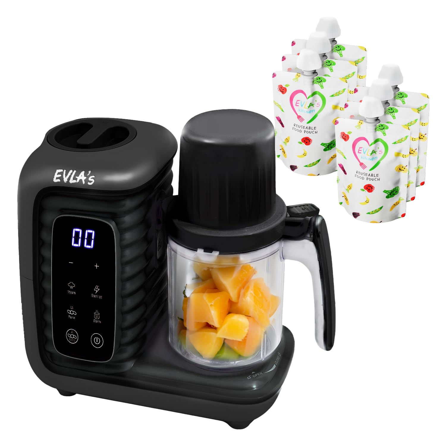 EVLA'S Double Baby Food Maker with 2 Steaming Baskets - 6-in-1 Steamer, Blender, Grinder & Food Processor for Healthy Homemade Baby Food - Touch Screen Control with 6 Reusable Food Pouches (Dark Grey) - Perfect for Busy Parents & Quick Meal Prep