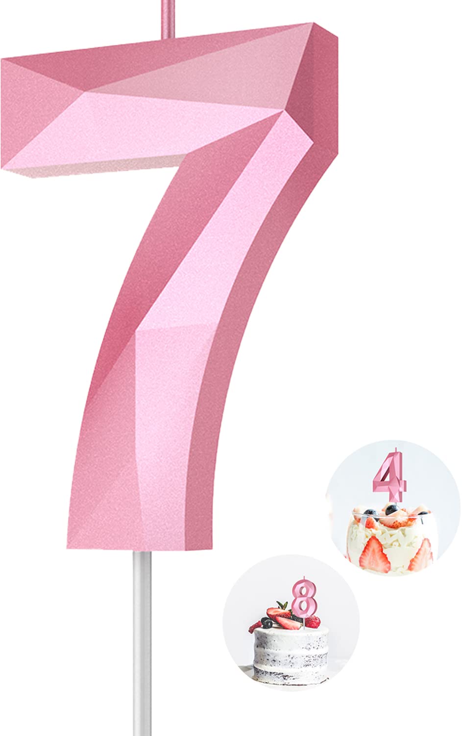 7th Birthday Candles Pink - 3D Diamond Shape Cake Toppers for Girls & Women | Number 7 Candles for Birthday Cakes, Wedding, Anniversary Celebrations & Theme Parties (7-Pack)