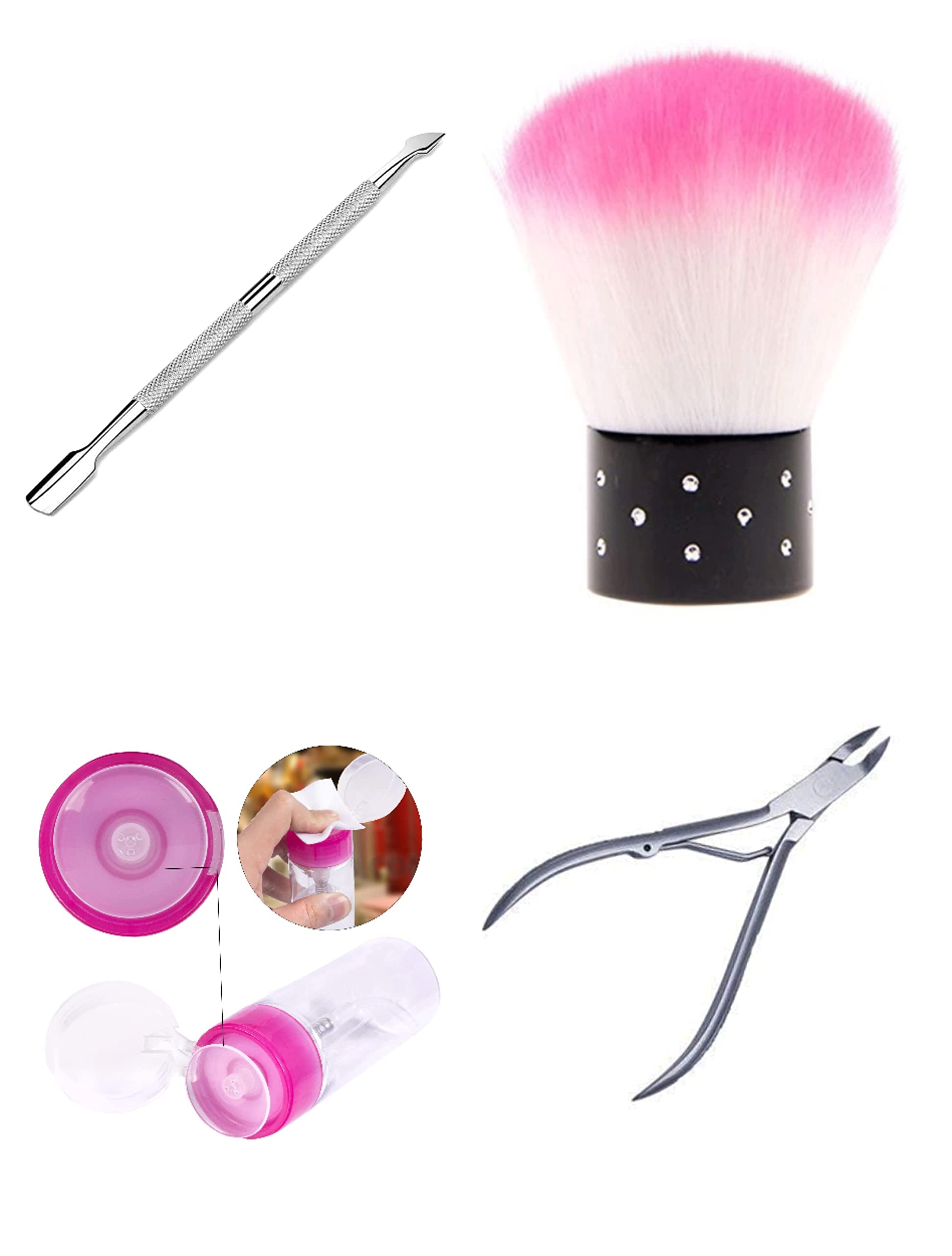 BOLT BEE 4-in-1 Nail Art Kit with Acetone Empty Bottle, Dusting Brush, Nail Pusher & Cuticle Cutter - Professional Manicure Pedicure Tools for Home & Salon Use