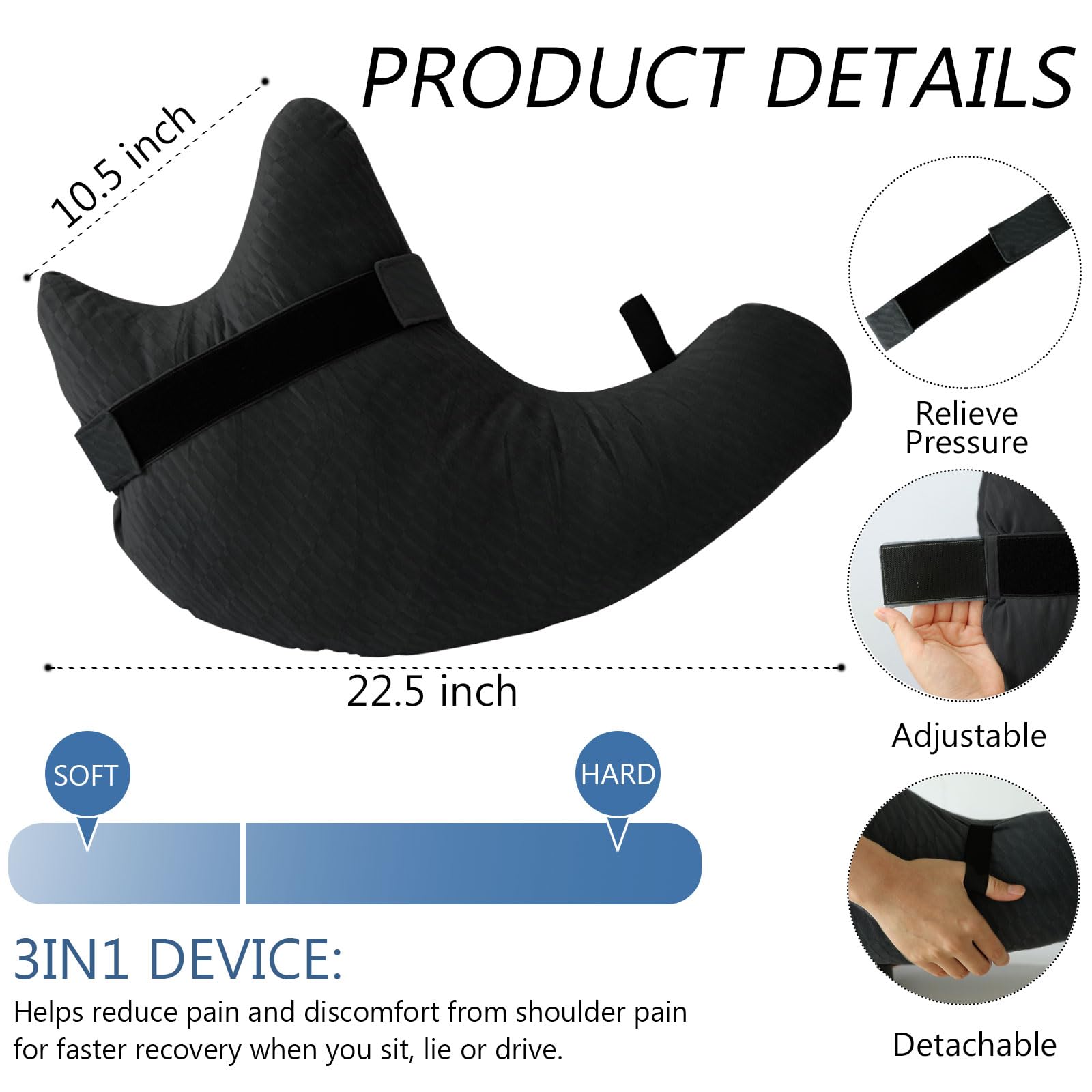 Orthopedic Shoulder Surgery Pillow for Pain Relief - Post-Surgery Recovery & Rotator Cuff Support - Comfortable Arm Pillow for Adults & Side Sleepers with Neck Support (Black with Adjustable Strap) - Perfect for Post-Op Recovery, Sleeping Comfort & Shoulder Injury Rehabilitation