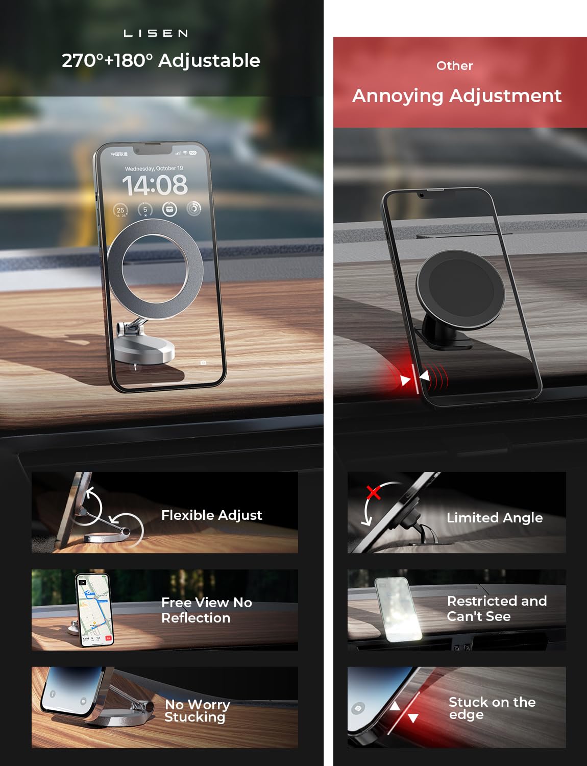 LISEN Magnetic Car Phone Holder for MagSafe - 20 Strongest Magnets, Universal Dashboard Mount for iPhone & Android (Silver) - Perfect for Hands-Free Navigation, Driving Safety & Road Trips