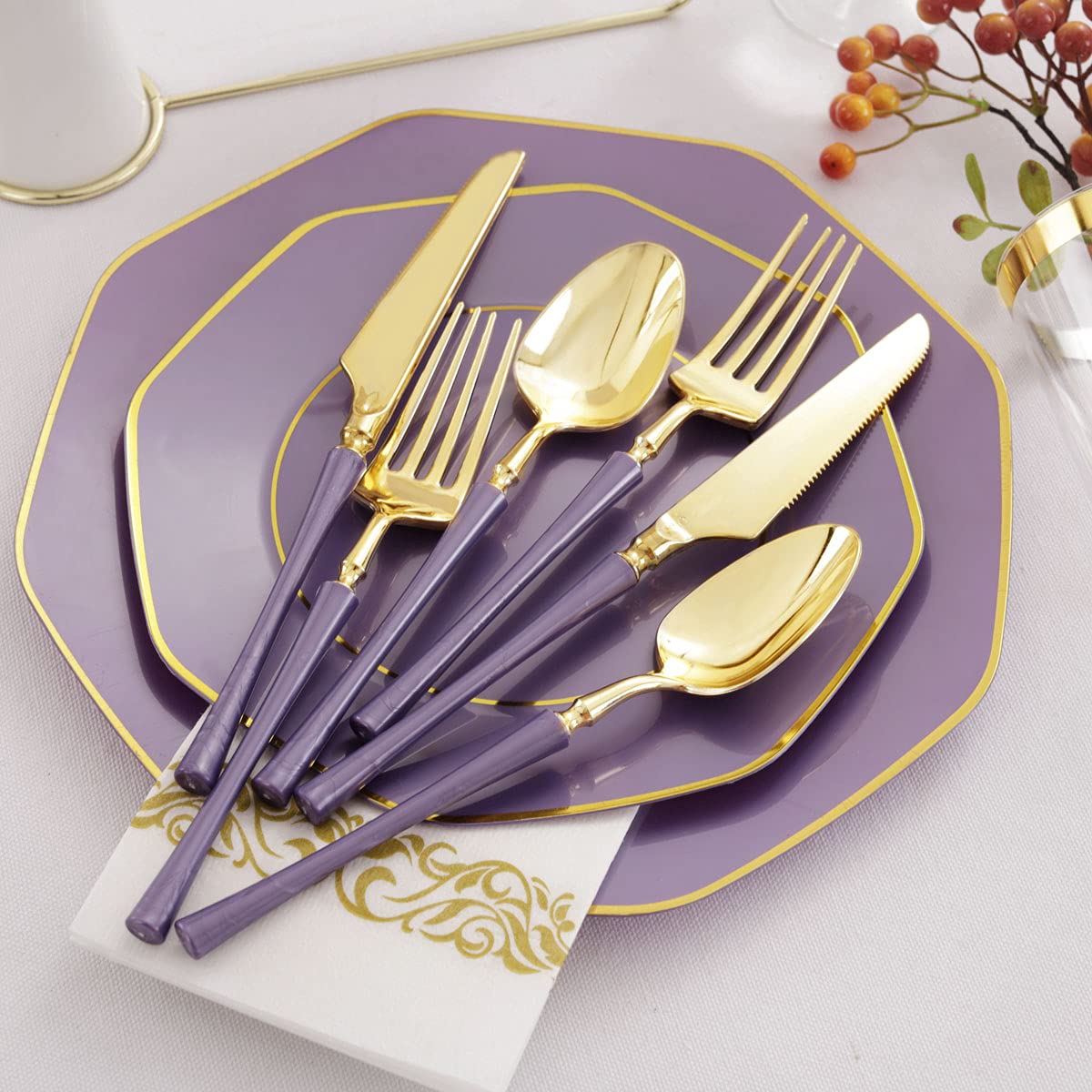 140-Piece Purple Plastic Party Set with Gold Rim Plates, Gold Silverware, Clear Cups & Napkins - Elegant Disposable Tableware for Mardi Gras, Mother's Day & Special Occasions - Perfect for Weddings, Birthday Parties & Holiday Gatherings