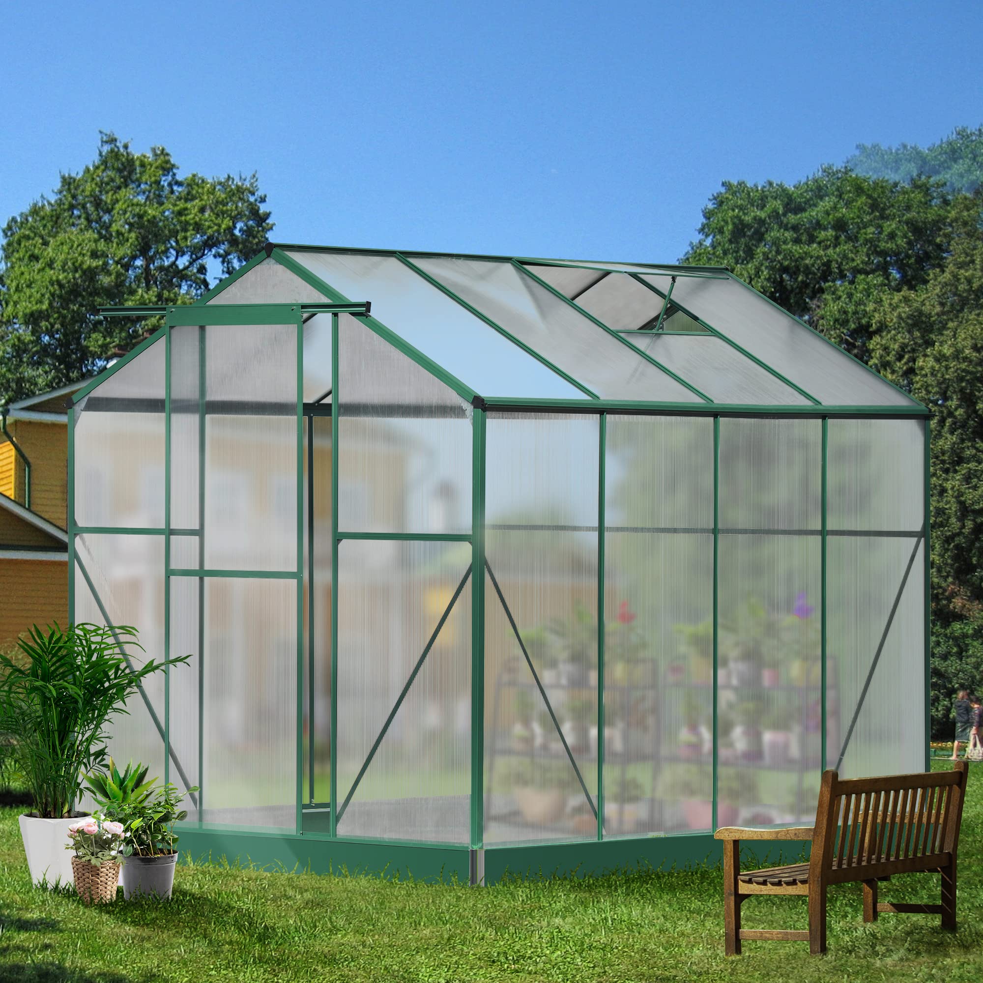 OUYESSIR 8x6 FT Walk-in Greenhouse with Adjustable Roof Vent & Rain Gutter - Durable Polycarbonate Outdoor Greenhouse for Flowers, Vegetables & Plants - Perfect for Backyard Gardening, Hobby Growing & All-Season Plant Protection