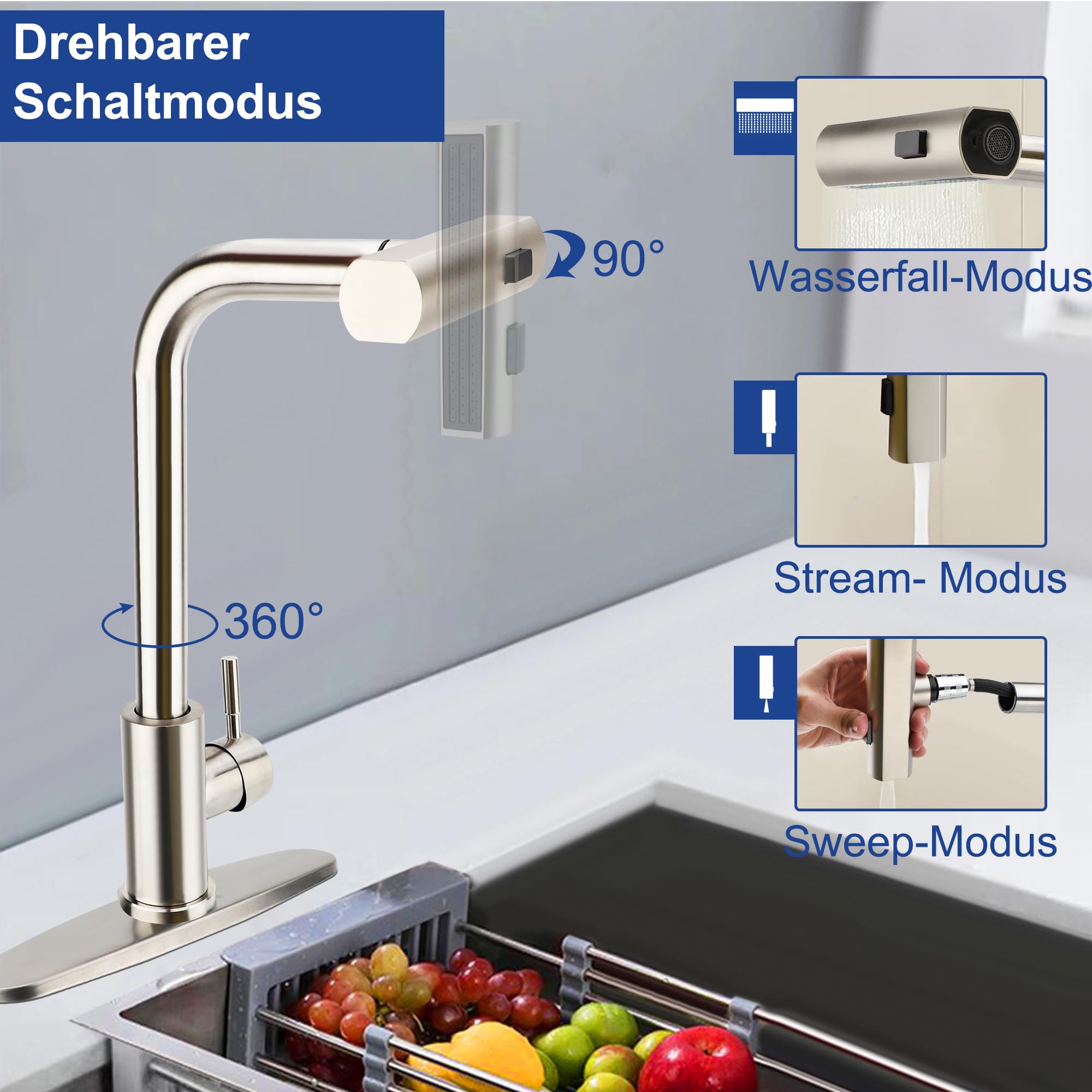 MEKOTRIN 360° Rotatable Stainless Steel 304 Kitchen Waterfall Tap with 3 Jet Types, Splash-proof Mixer Tap for Modern Sink Design, Ideal for Home and Commercial Kitchens