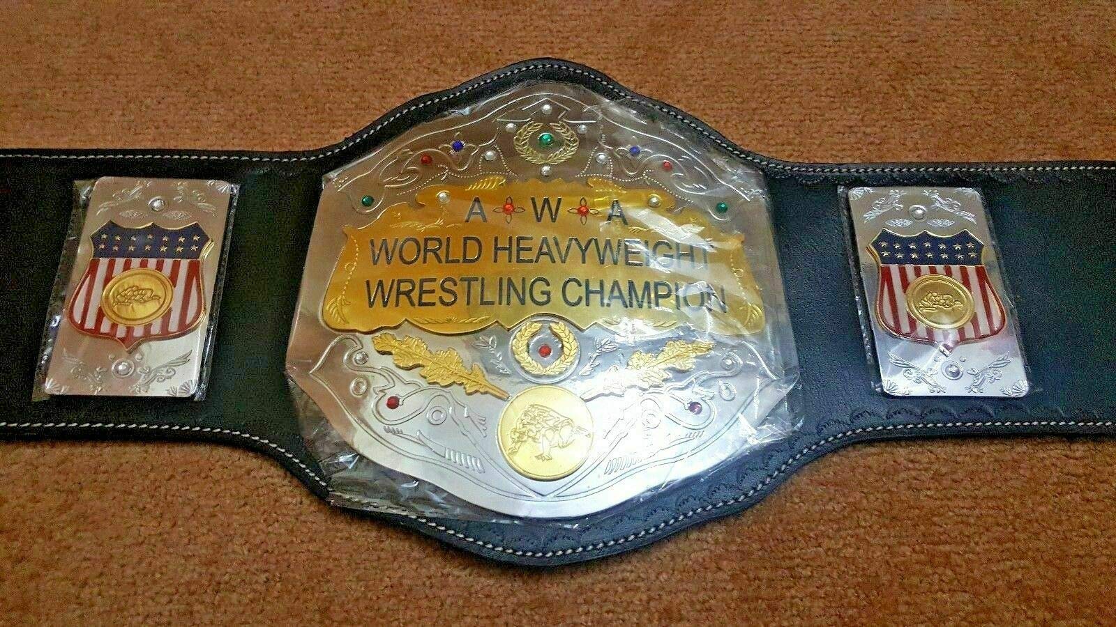 Maxan AWA World Heavyweight Championship Replica Belt - Thick Brass Plates, Adult Size Large, Black - Perfect for Wrestling Fans, Collectors & Cosplay Costumes
