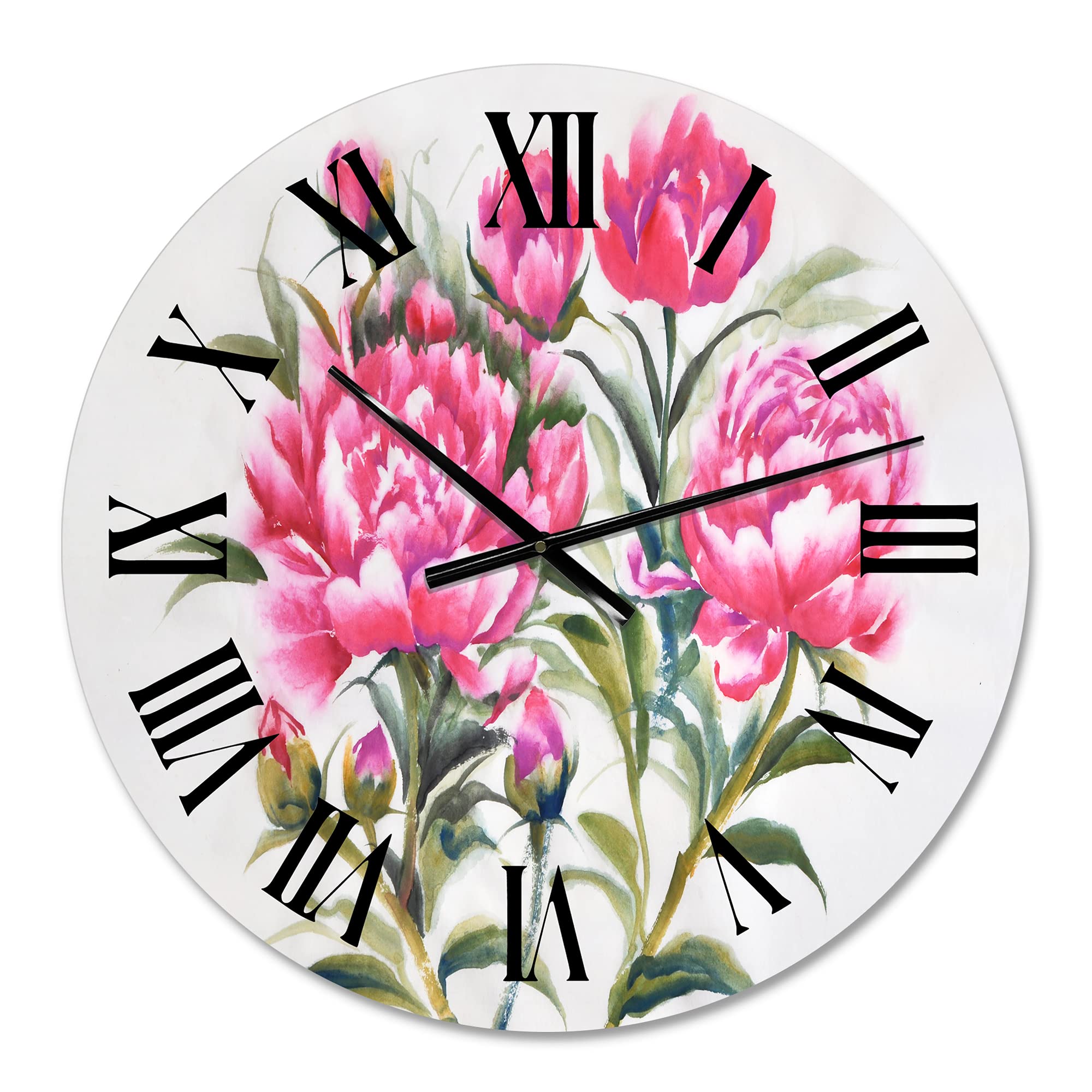 DesignQ Traditional Wall Clock - Purple Peonies Floral Large Wall Clock for Kitchen, Living Room, Bedroom Decor | Perfect for Home, Office & Gift Giving