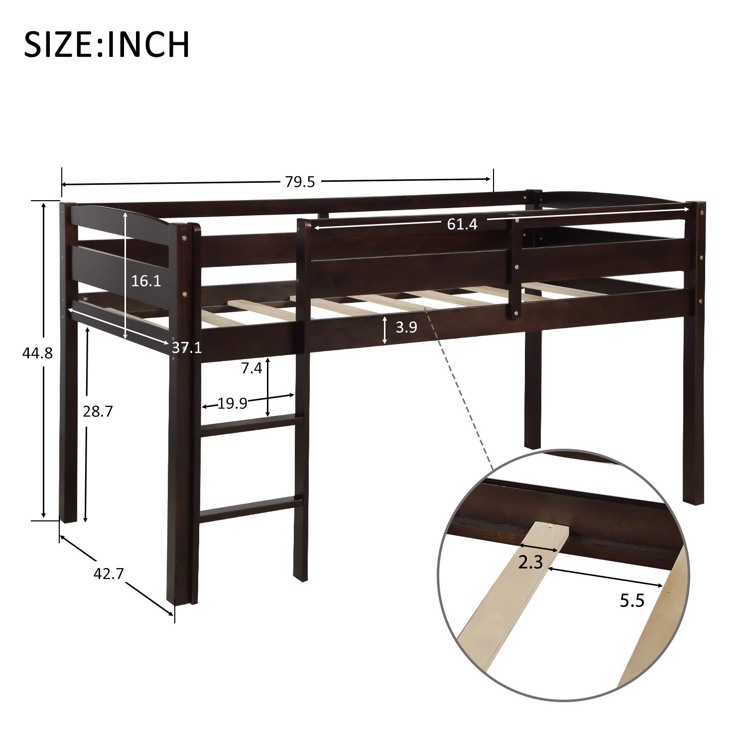 Sturdy Wooden Loft Bed Twin Size with 8-Slat Support, Safety Guard Rail & Ladder - 200 lbs Weight Capacity (79.5
