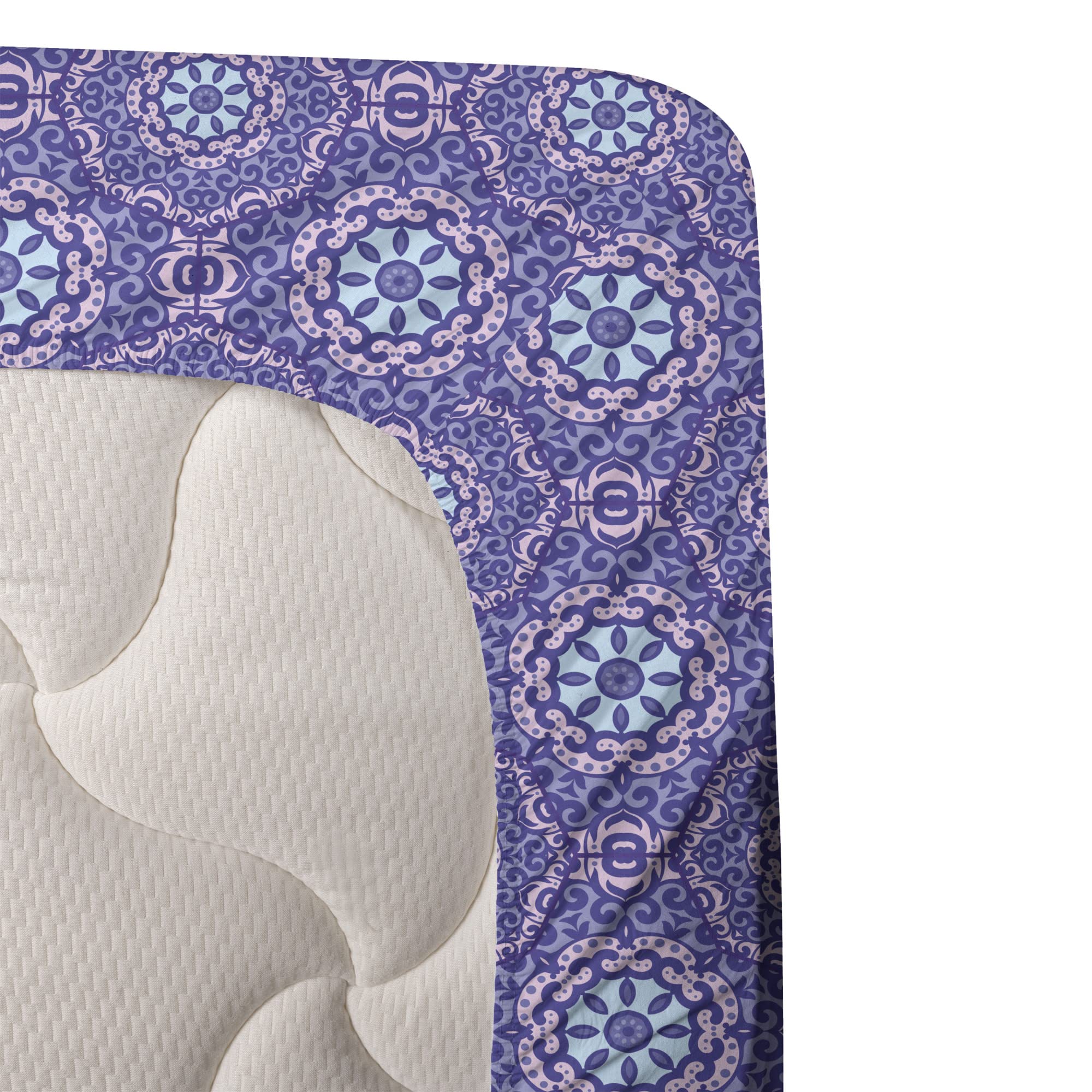 Ambesonne Oriental 3-Piece Sheet Set - Vibrant Curlicue & Medallion Motifs in Blue Violet Lavender - Twin Size Fitted & Flat Sheets with Pillowcase - Perfect for Guest Rooms, Dorms & Cozy Bedrooms