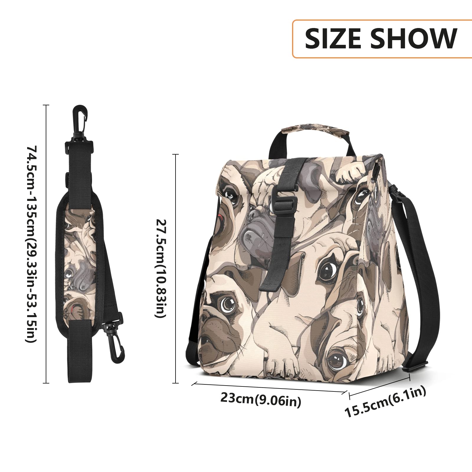 Portrait Pugs Insulated Lunch Bag for Women & Men - Leakproof Foldable Cooler Tote with Adjustable Shoulder Strap - Perfect for Beach, Camping, Hiking, Work & School Lunch Storage