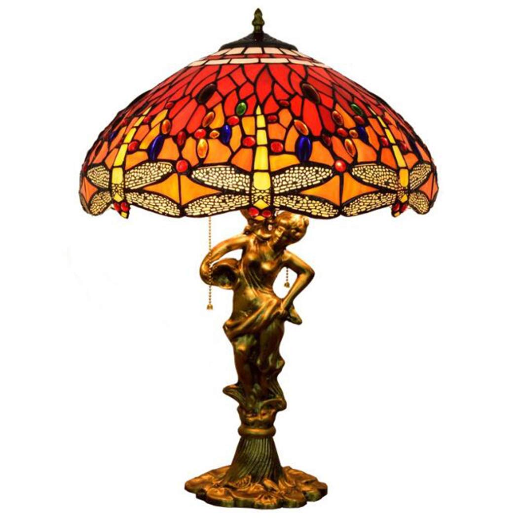 European Retro Pastoral Dragonfly Tiffany Style Table Lamp - 17.7 Inch Handmade Stained Glass Desk Light for Reading, Living Room, Bedroom & Bedside - Warm Red Ambient Lighting (Perfect for Cozy Evenings & Home Office Decor)