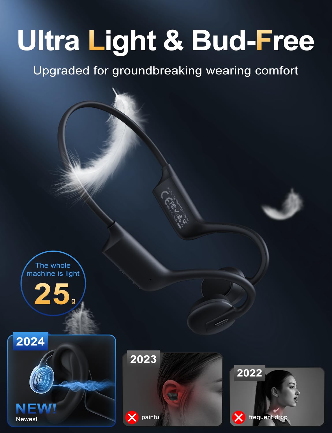 Lightweight Open Ear Bone Conduction Headphones with Built-in Mic - IPX5 Waterproof Sport Headset for Running, Cycling, Driving & Workouts - Extra Comfort for Outdoor Activities & Gym Training