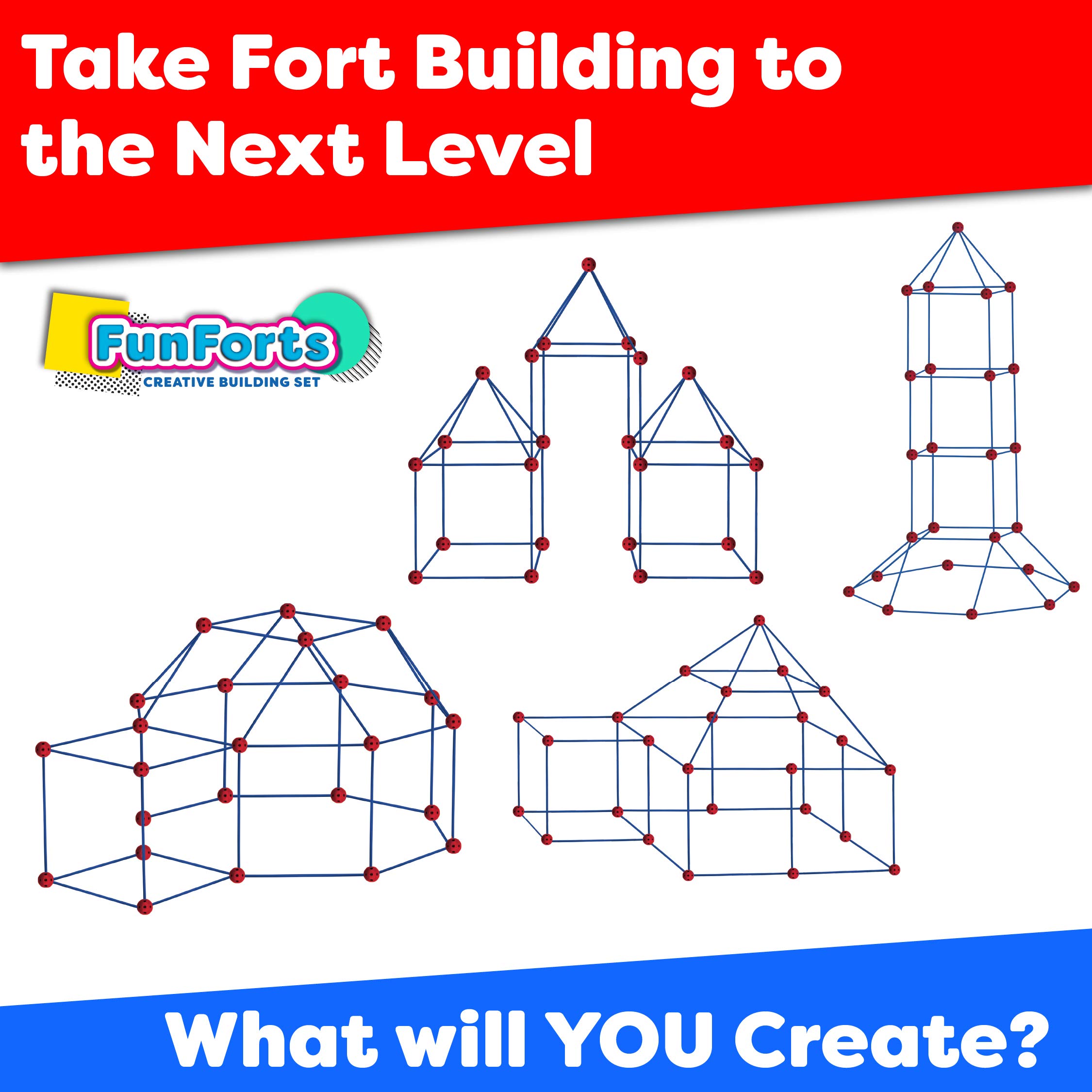 81-Piece STEM Fort Building Kit for Kids - Fun Fun Forts Play Tent with 53 Rods & 28 Spheres | Indoor/Outdoor Construction Toys | Educational STEM Learning & Creative Play (Red & Blue)