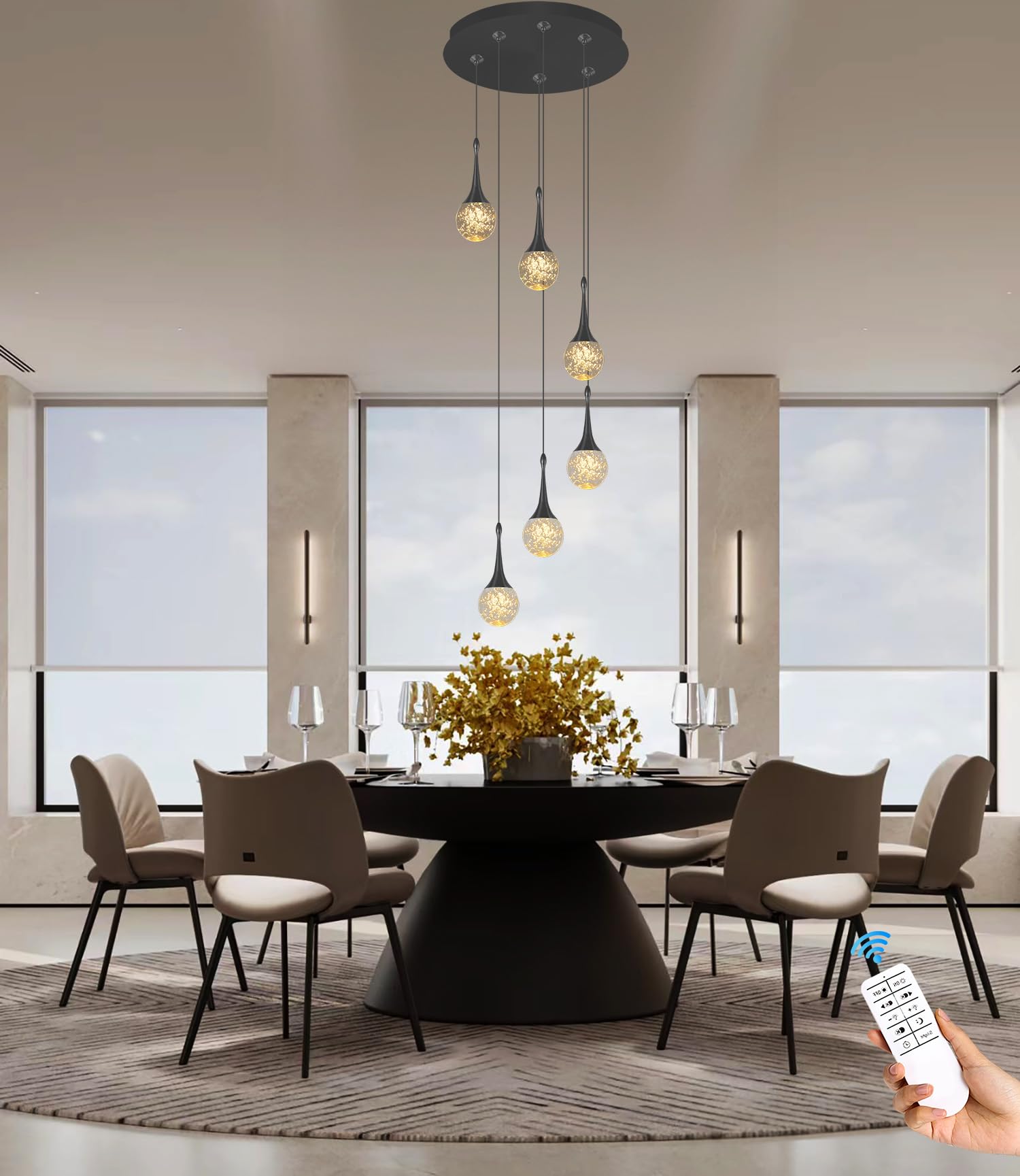 6-Light Black Crystal Teardrop LED Dimmable Pendant Chandelier (2700K-6000K) - Flashing God Design for Kitchen Island, Dining Room, Hallway & Stairwell | Perfect for Modern Home Decor & Restaurant Lighting