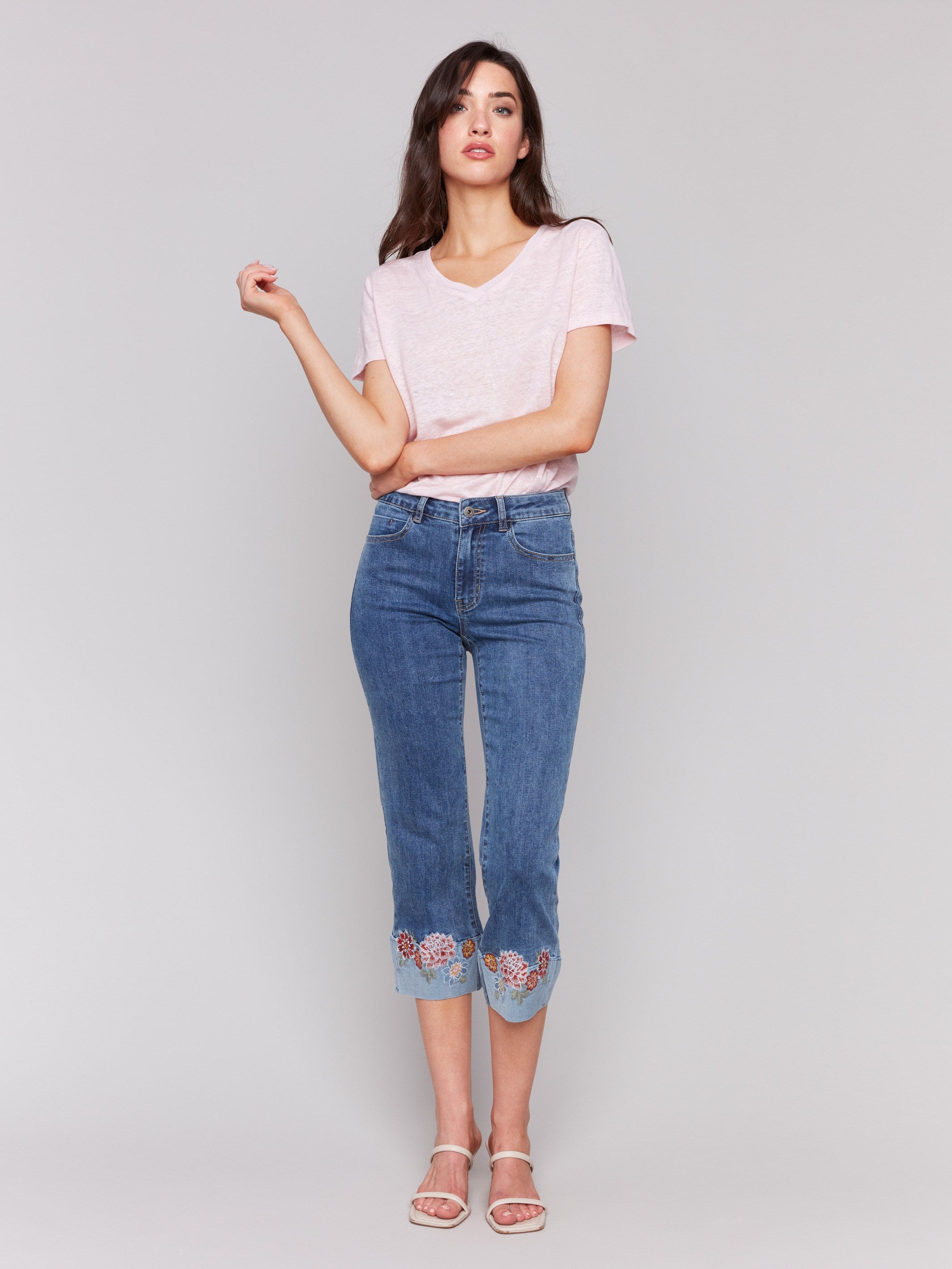 Embroidered Cuff Cropped Jeans for Women - Medium Blue Distressed Denim High Waisted Skinny Jeans - Perfect for Casual Outfits, Street Style & Everyday Wear