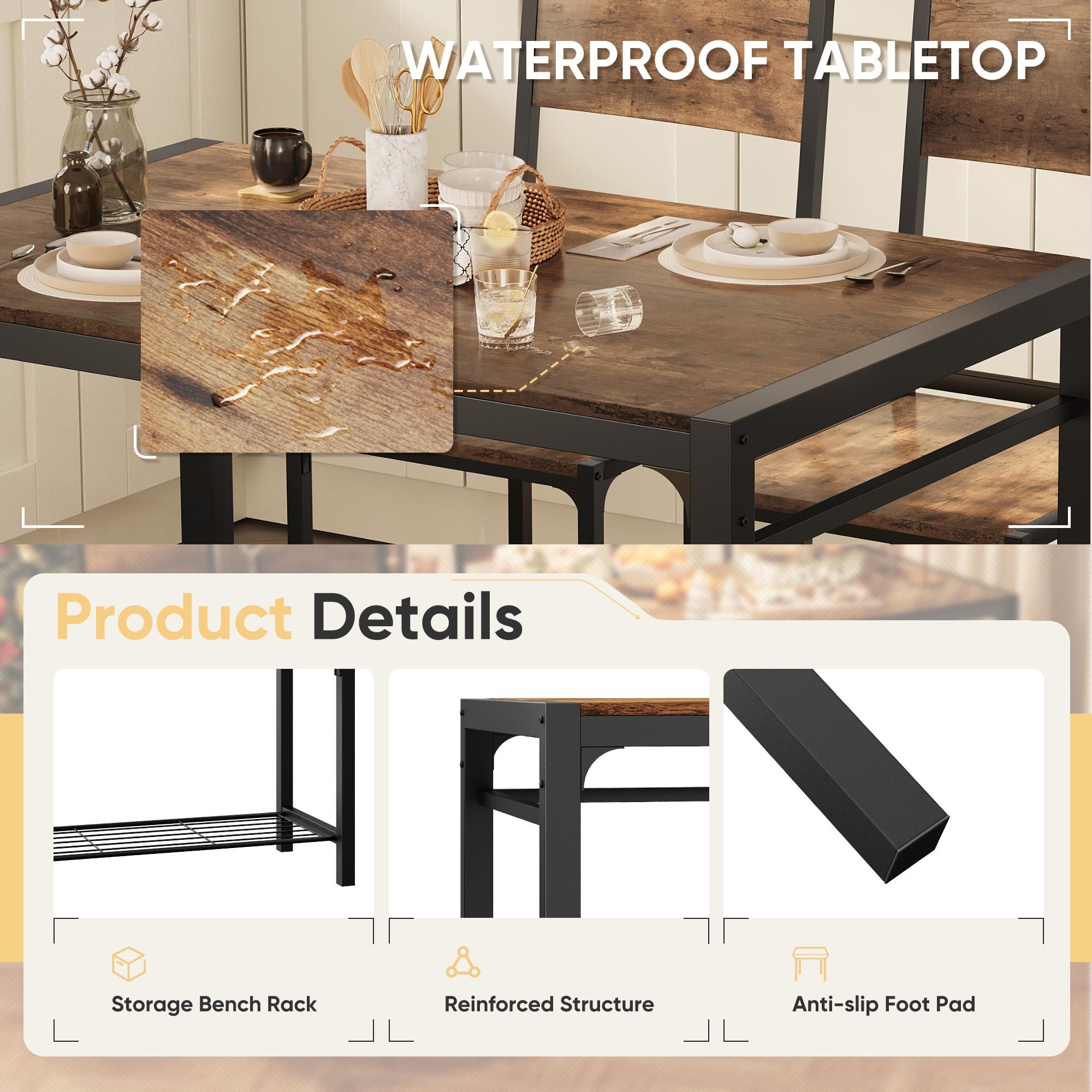 Shahoo 4-Piece Dining Set - Kitchen Table with 2 Chairs and Bench for Small Spaces, Rustic Brown Finish | Perfect for Apartments, Breakfast Nooks & Cozy Dining Areas