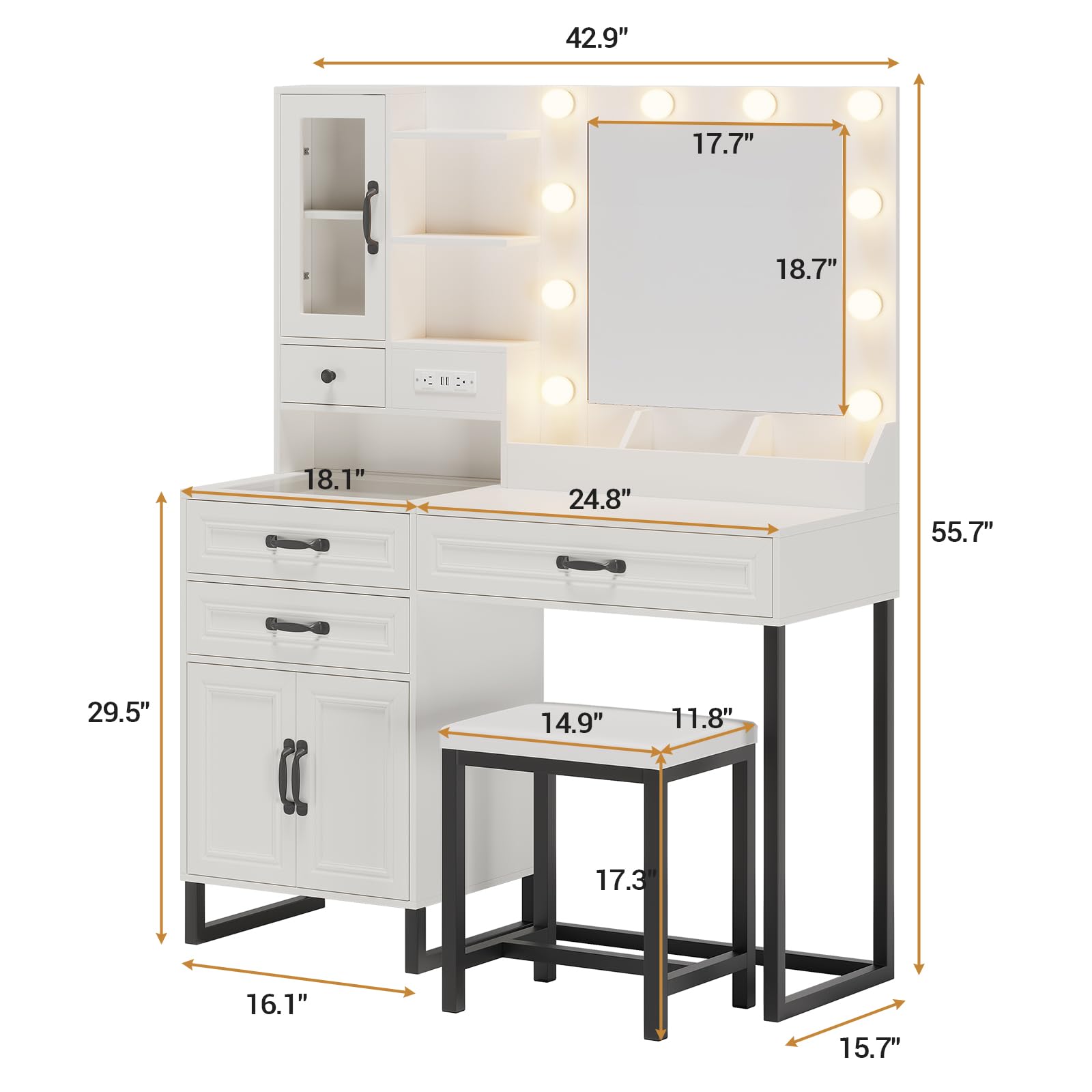 Modern White & Black Makeup Vanity Desk Set with LED Lights, USB Charging Station, Stool & Glass Top Storage - 3 Shelves & Drawers for Bedroom, Dressing Room & Beach House Decor