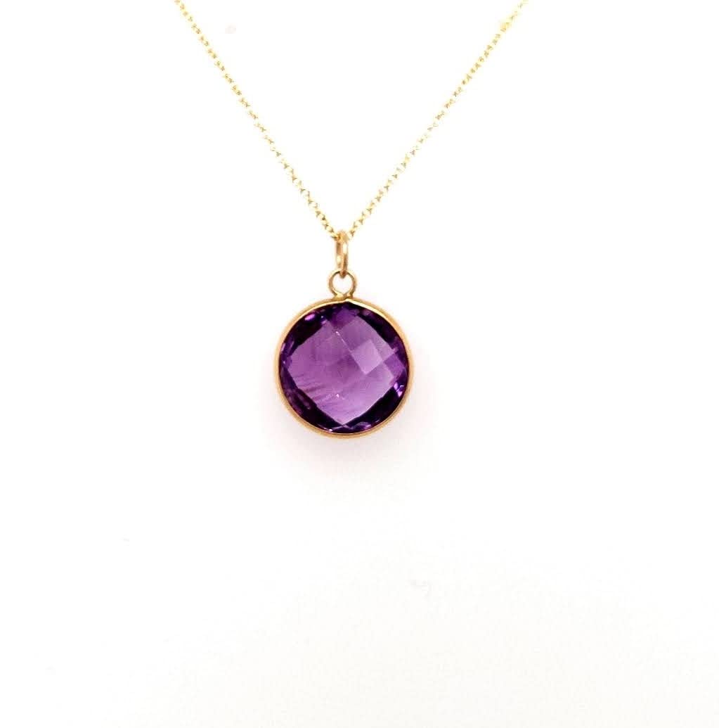 10mm Natural Round Amethyst Bezel Pendant in 14k Solid Yellow Gold - Genuine Gemstone Jewelry for Women - Perfect for Everyday Wear, Gift Giving & Special Occasions