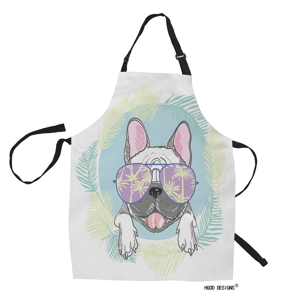 Funny Cartoon French Bulldog Kitchen Apron with Sunglasses - Adjustable Cooking & Gardening Bib for Adults - Perfect for BBQ, Baking, and Home Decor