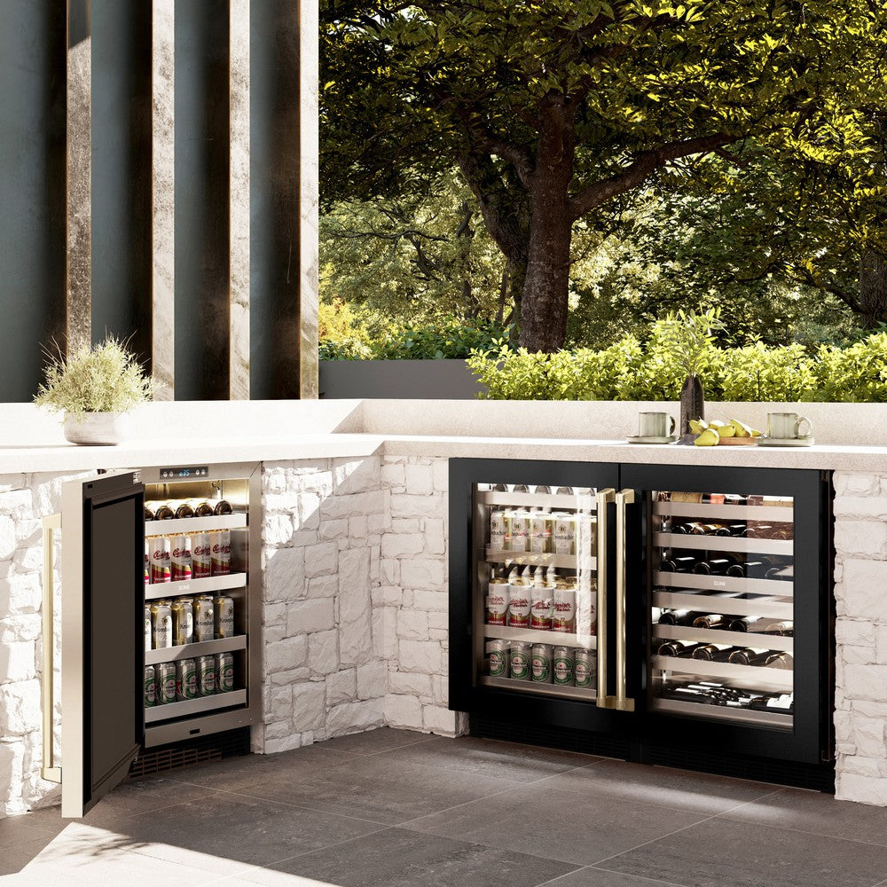 ZLINE Autograph Edition 24 Inch Touchstone Dual Zone 44 Bottle Wine Cooler - Black Stainless Steel Glass Door & Champagne Bronze Handle - Perfect for Home Bars, Wine Cellars, and Entertaining (RWDOZ BS 24 CB)