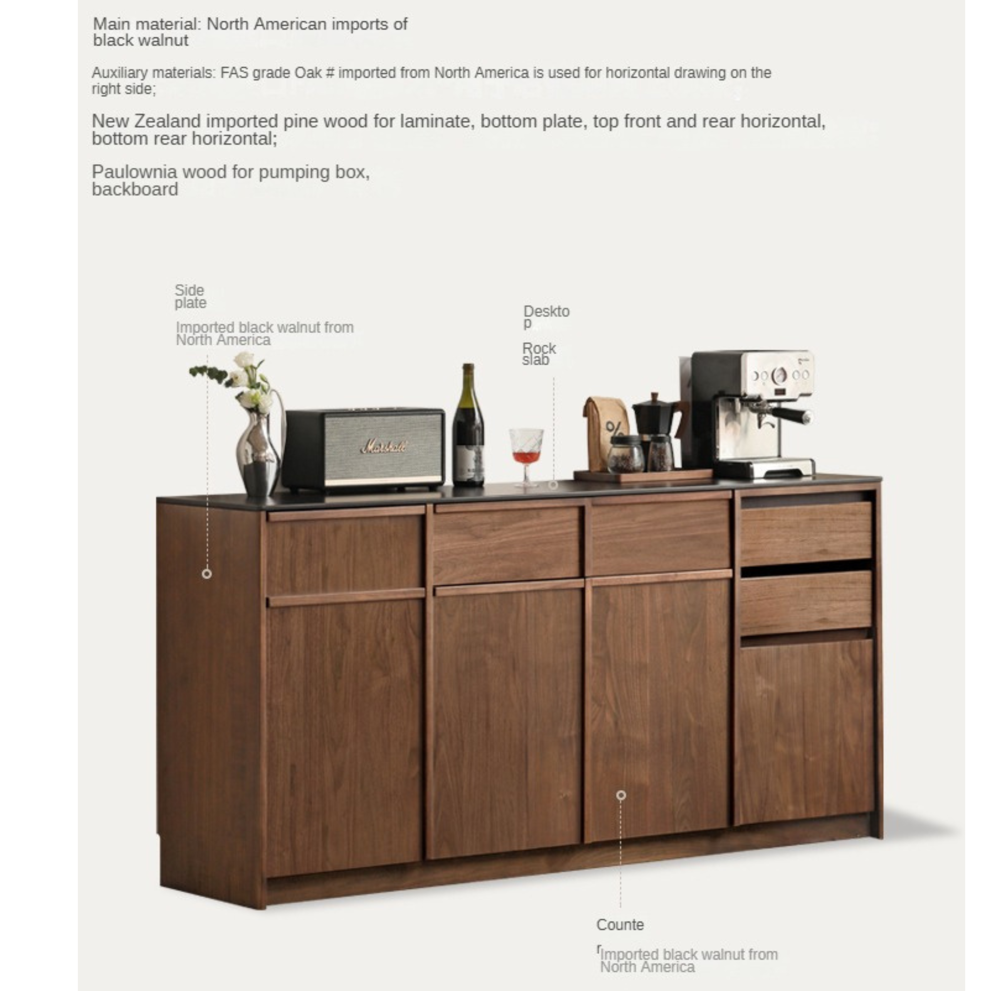 Premium Black Walnut Solid Wood Sideboard Buffet - Modern Light Luxury Dining Room Storage Cabinet for Formal Entertaining & Everyday Use