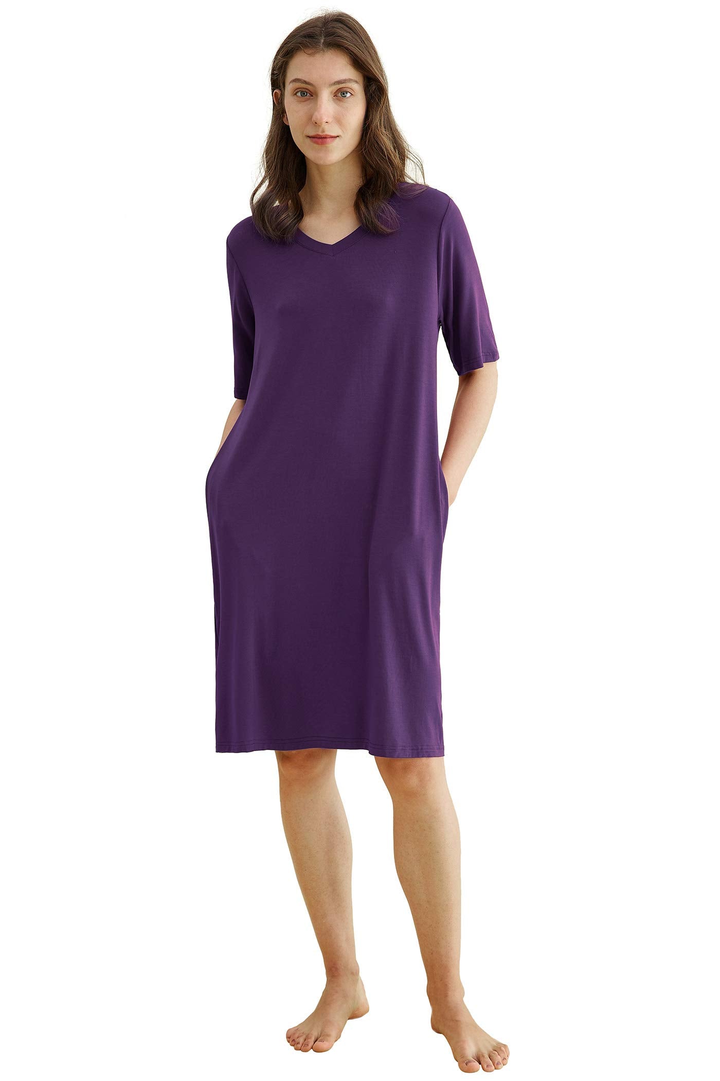 Comfortable Women's Bamboo Viscose Nightgown - Soft V-Neck Sleep Shirt with Pockets for Lounge & Sleep | Breathable & Eco-Friendly Pajama Dress for Women
