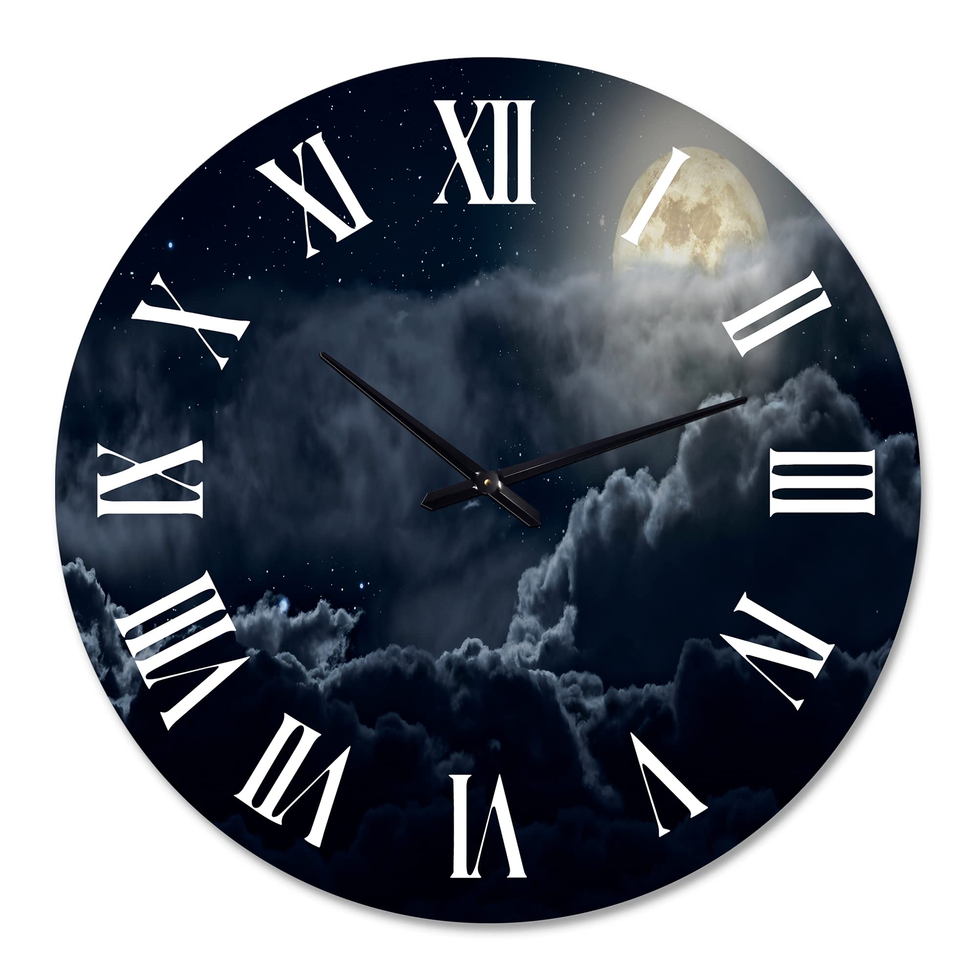 Large Nautical Coastal Wall Clock - Cloudy Full Moon Night Astrology Design for Home & Office Decor | Perfect for Beach House, Living Room, Bedroom