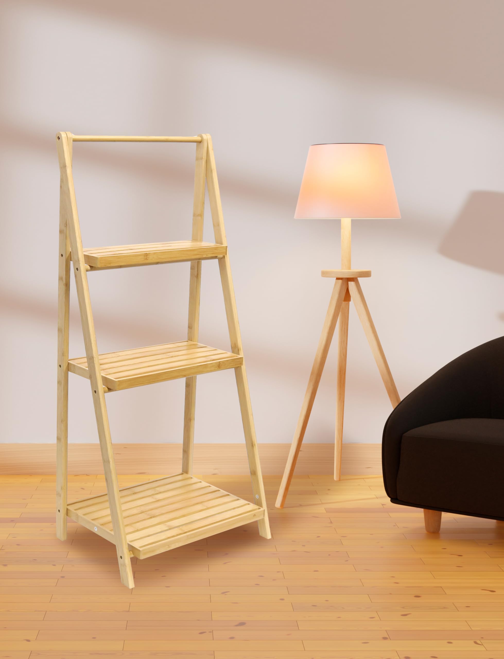 RoyalHouse 3-Tier Bamboo Foldable Shelf - Multi-Purpose Storage Rack for Books, Plants & Home Decor | Space-Saving Ladder Shelf for Living Room, Bedroom, Kitchen & Office Organization