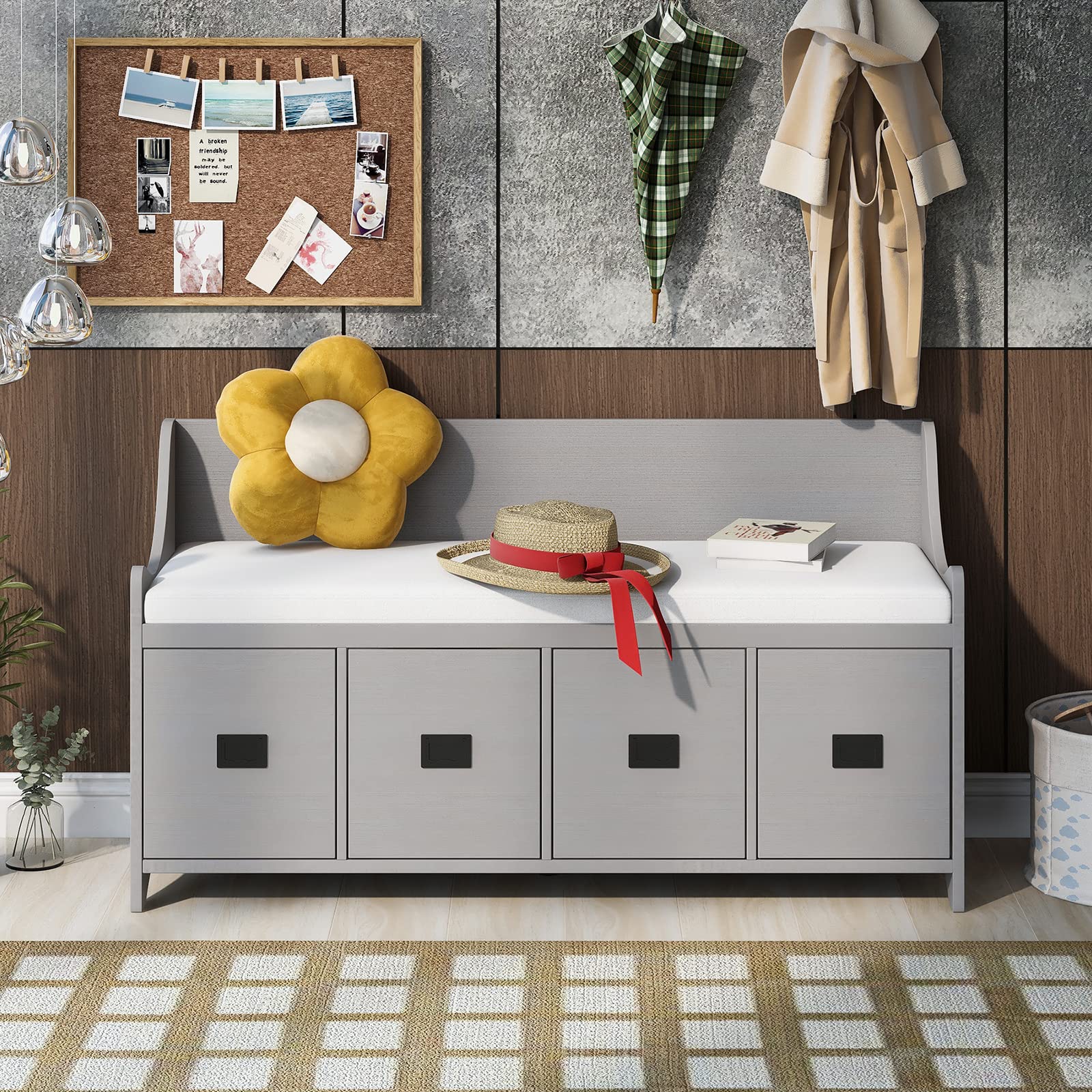 EVURU 48 Inch Wooden Entryway Storage Bench with Drawers & Removable Cushion - Multifunctional Shoe Organizer Cabinet for Hallway, Living Room - Gray Wash Finish | Perfect for Small Space Organization & Home Decor