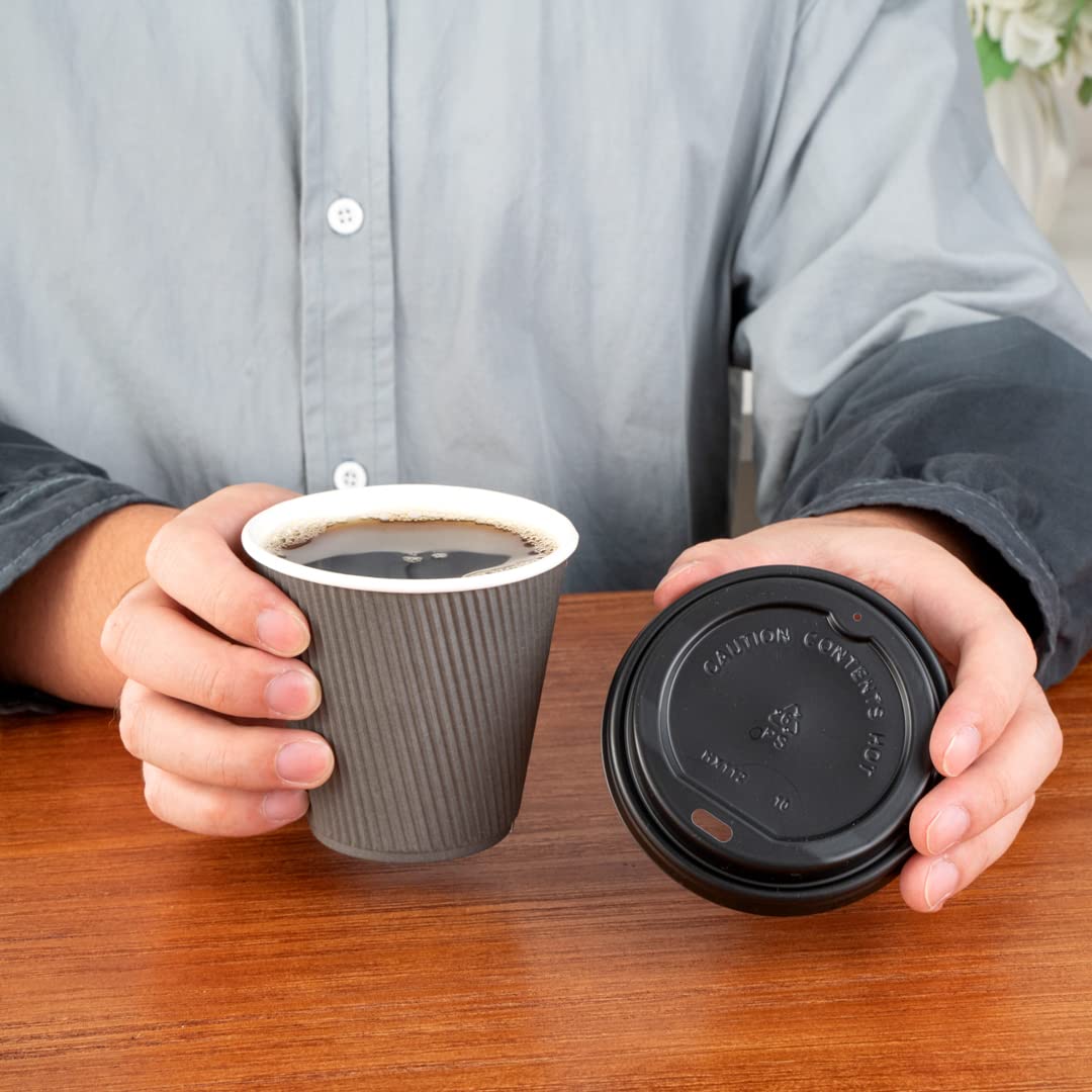 8oz Insulated Coffee Cups with Lids (20 Pack) - Leakproof & Non-Slip Gray Disposable Paper Cups for Hot Beverages - Perfect for Coffee, Tea, Hot Cocoa & Lattes at Cafes, Offices or Home Use