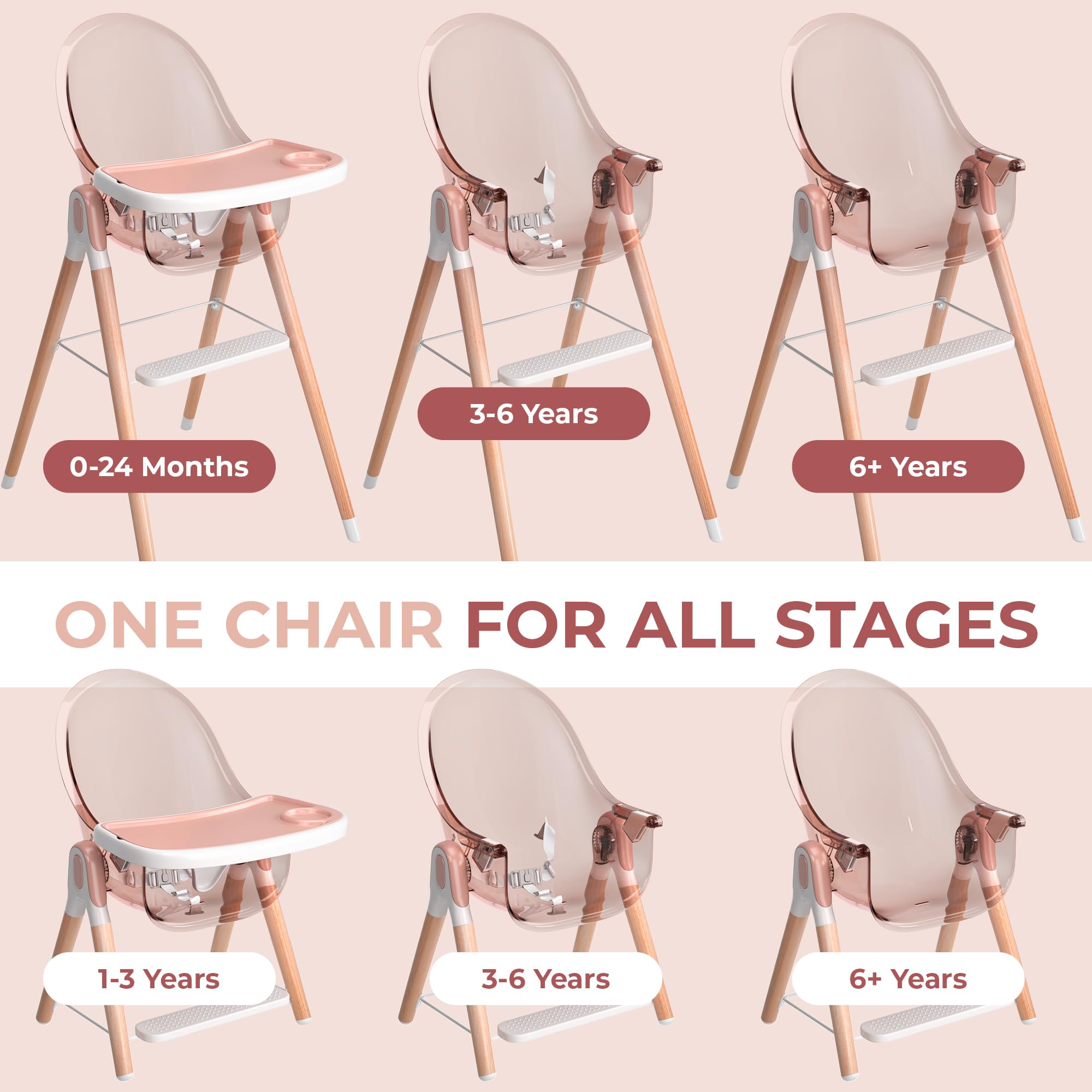 6-in-1 Deluxe Wooden High Chair for Babies & Toddlers - Modern, Safe & Compact Baby Highchair with Removable Tray | 6 Functions, 3 Seat Positions & 2 Height Adjustments | Easy to Clean & Assemble | Perfect for Dining, Feeding & Playtime (Pink)