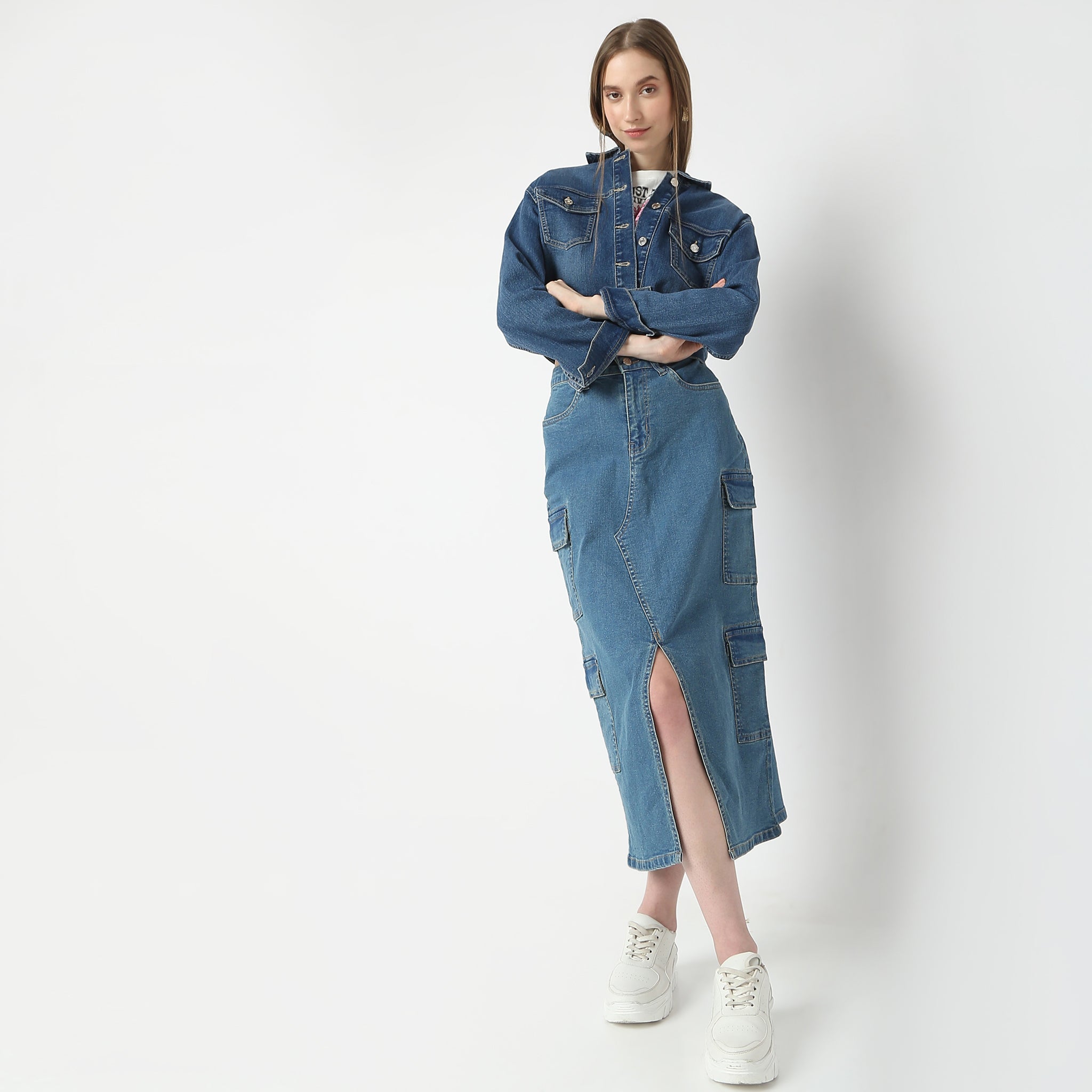 Stylish Full Length High Rise Denim Skirt for Women - Vintage Blue Denim Maxi Skirt with Pockets | Perfect for Casual Outfits, Date Nights & Boho Fashion