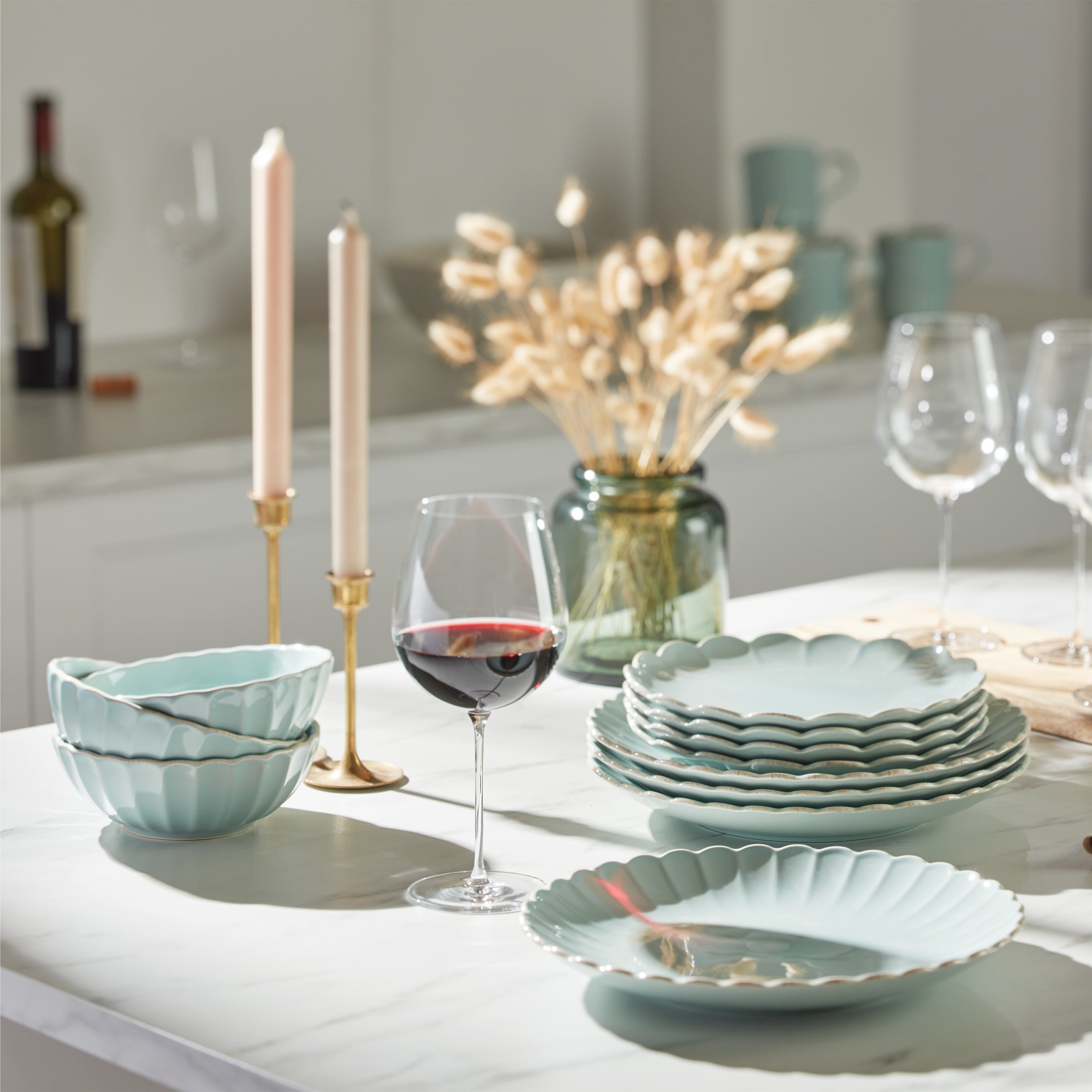 French Perle Scallop Dinnerware Set - 12 Piece Ice Blue Porcelain Plates & Bowls - Elegant Tableware for Wedding, Anniversary & Fine Dining