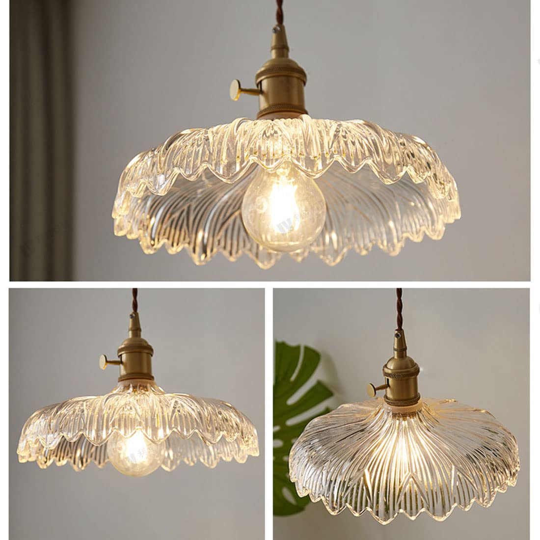 Modern Brass Pendant Light Fixture - Industrial Glass Ceiling Hanging Lamp with Scalloped Shade - Clear Glass Lighting for Bedroom, Living Room, Dining Room & Kitchen (7.9 Inch) - Perfect for Farmhouse, Loft & Industrial Style Decor