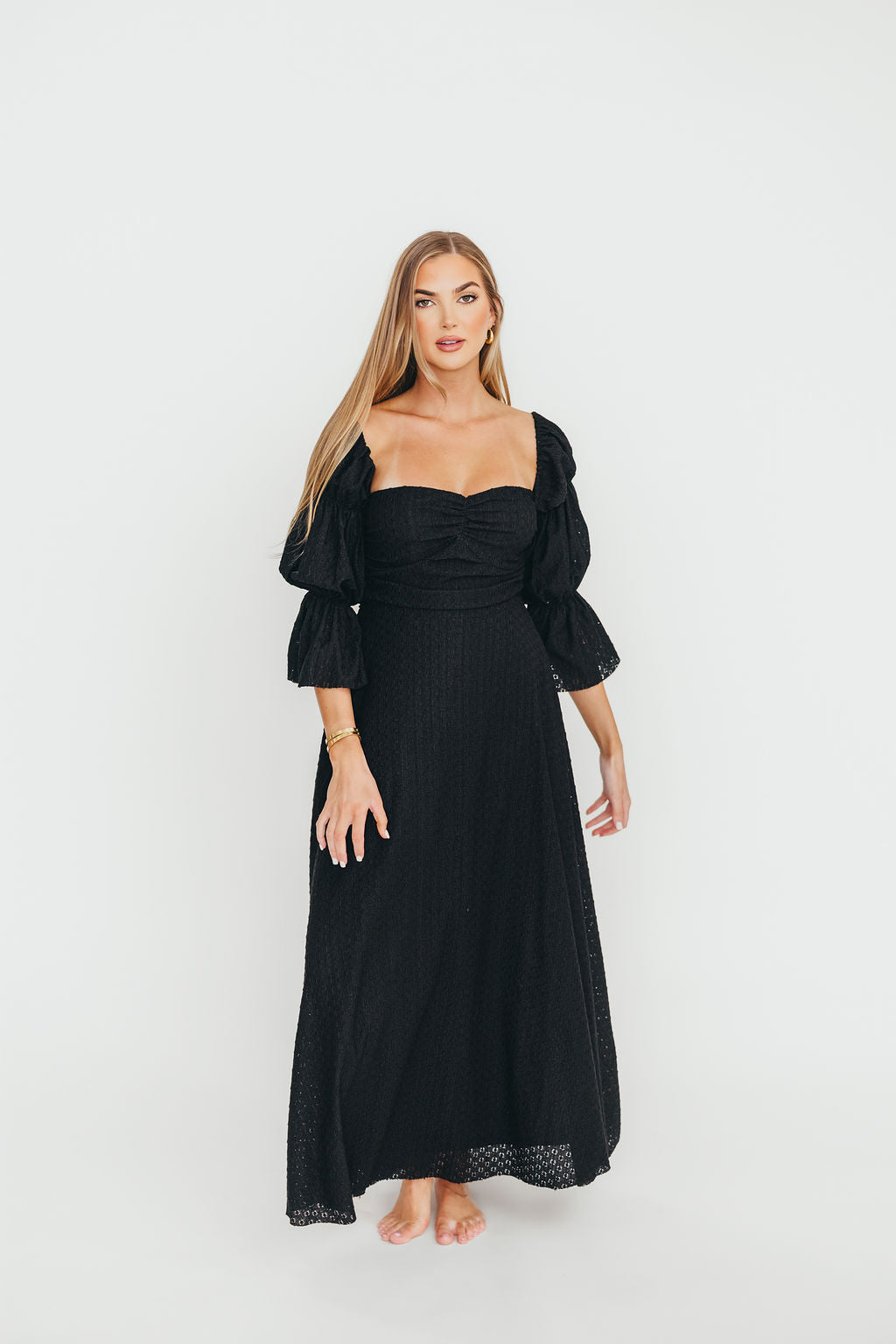 Corrine Tiered Sleeve Maxi Dress with Pockets - Bump Friendly Maternity Dress in Black | Perfect for Pregnancy, Nursing, and Special Occasions