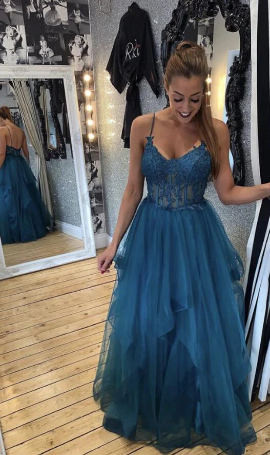 Elegant Blue Tulle Lace Long Prom Dress for Women - Formal Evening Gown J4493 | Perfect for Homecoming, Wedding Guest, and Special Occasions