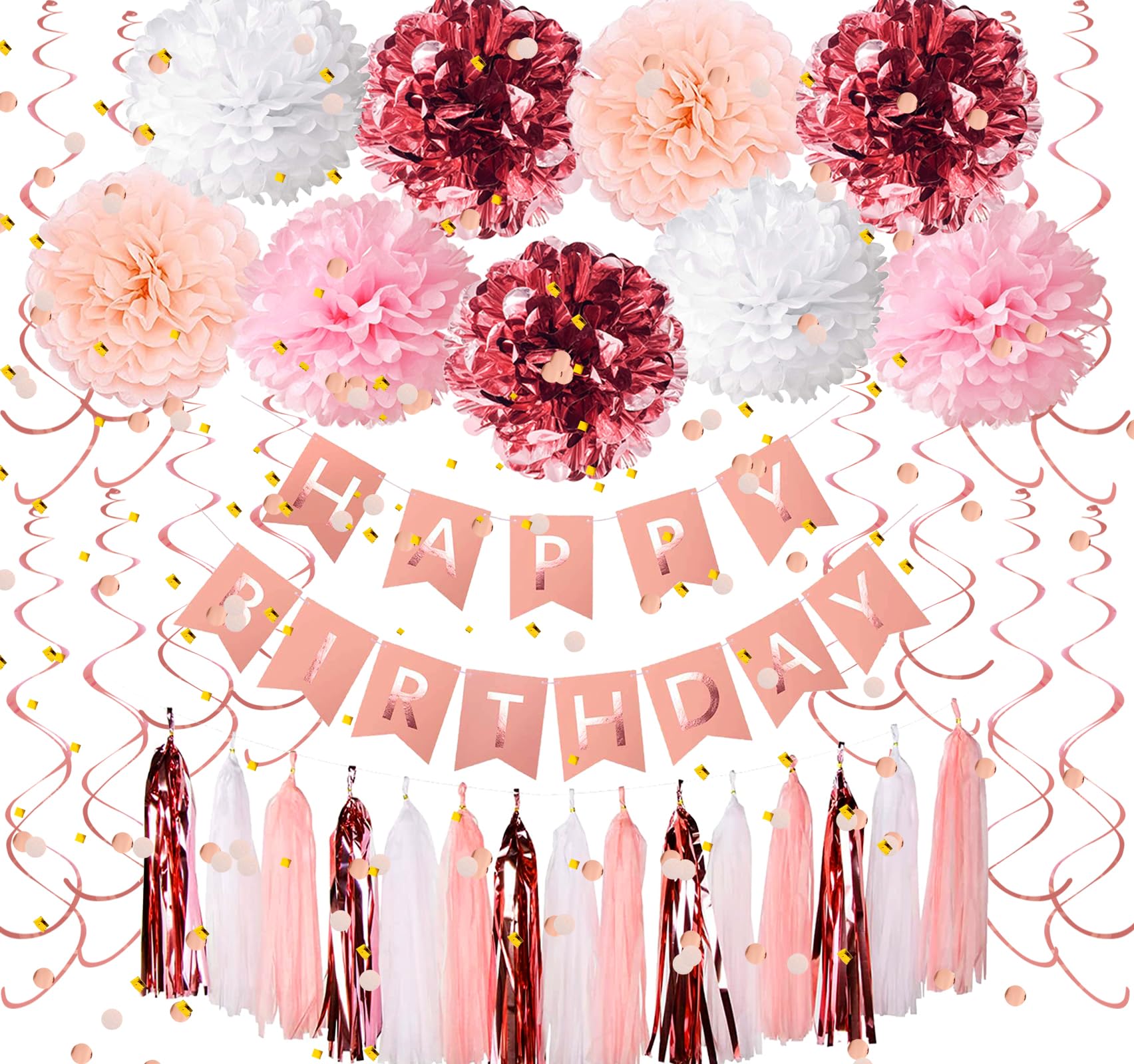 Elegant Rose Gold Birthday Decorations for Women - Happy Birthday Banner, Tissue Paper Pompoms, Hanging Swirls, Confetti & Tassels | Perfect for Women's Birthday Parties, Bridal Showers & Baby Showers