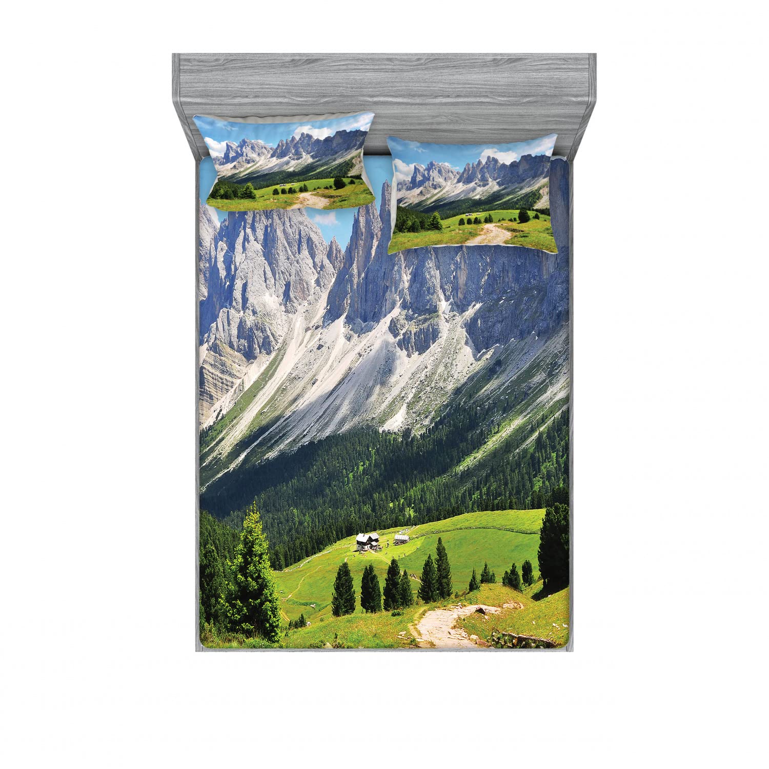 Ambesonne 2-Pack Queen Size Fitted Sheet & Pillow Sham Set - Forest Pathway Design in Green, White & Blue - 4-Piece Bedding Set (2 Fitted Sheets + 4 Pillow Covers) - Nature Inspired Alpine Theme for Cozy Bedroom Decor - Perfect for Guest Rooms, Vacation Homes & Cabin Retreats