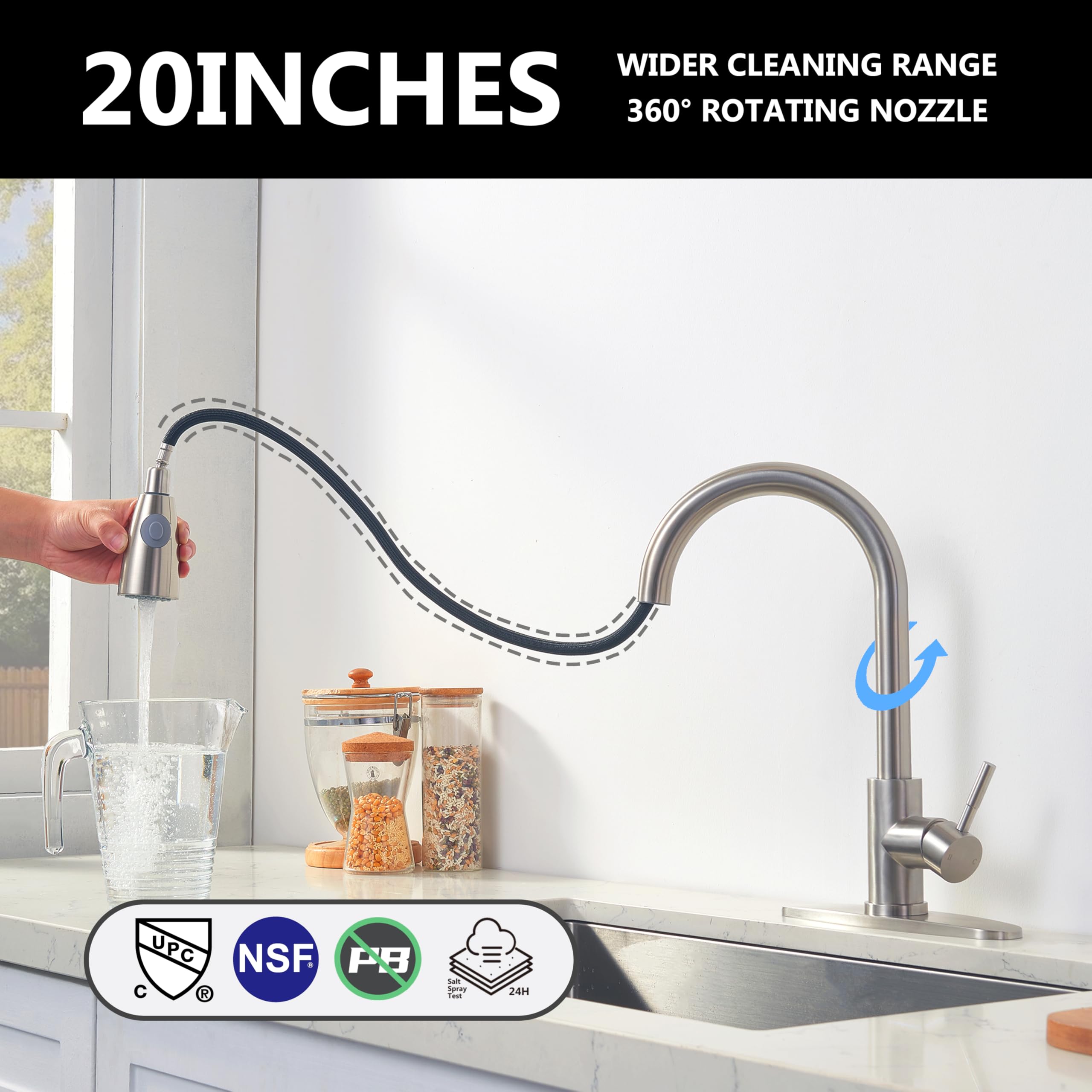 Comllen Brushed Nickel Stainless Steel Pull Down Sprayer Kitchen Faucet - High Arc Single Lever Commercial Sink Faucet for Farmhouse, RV, Bar & Laundry | Perfect for Modern Kitchens, Outdoor Bars & Mobile Homes
