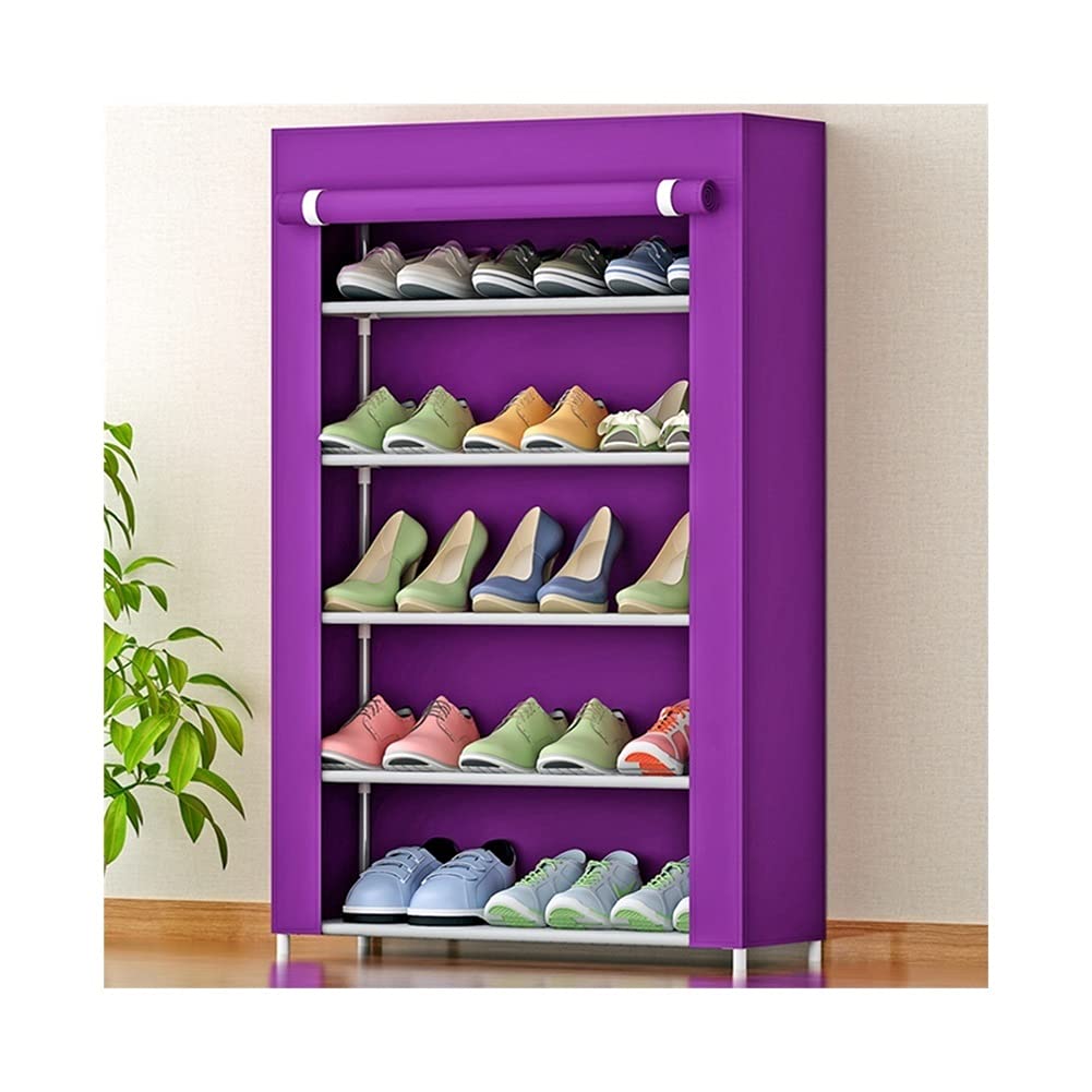 5-Tier Shoe Rack Organizer with Nonwoven Fabric Cover - Space Saving Shoe Storage Cabinet for Entryway, Closet & Bedroom - Purple Shoe Shelf for Home Organization