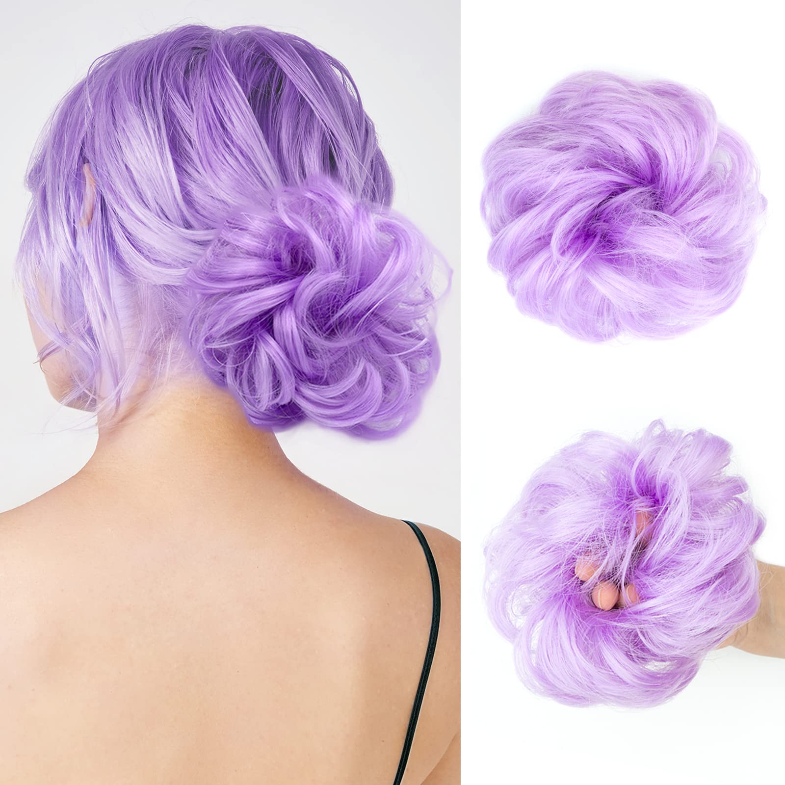 1 PCS Messy Bun Hair Piece - Curly Wavy Synthetic Hair Bun Scrunchies Ponytail Extensions for Women & Girls (Light Purple) - Perfect for Parties, Weddings & Everyday Hairstyles