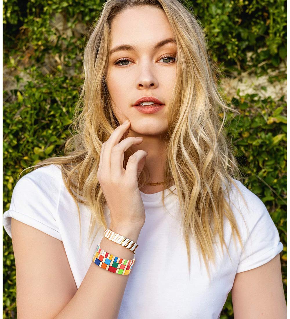 ANGLESJELL Enamel Tile Bracelets - Rainbow Colorful Rectangle Beaded Stretch Bracelets for Women & Girls, Stackable Layered Bangle Jewelry - Perfect for Casual Wear, Gift Giving, and Festival Outfits