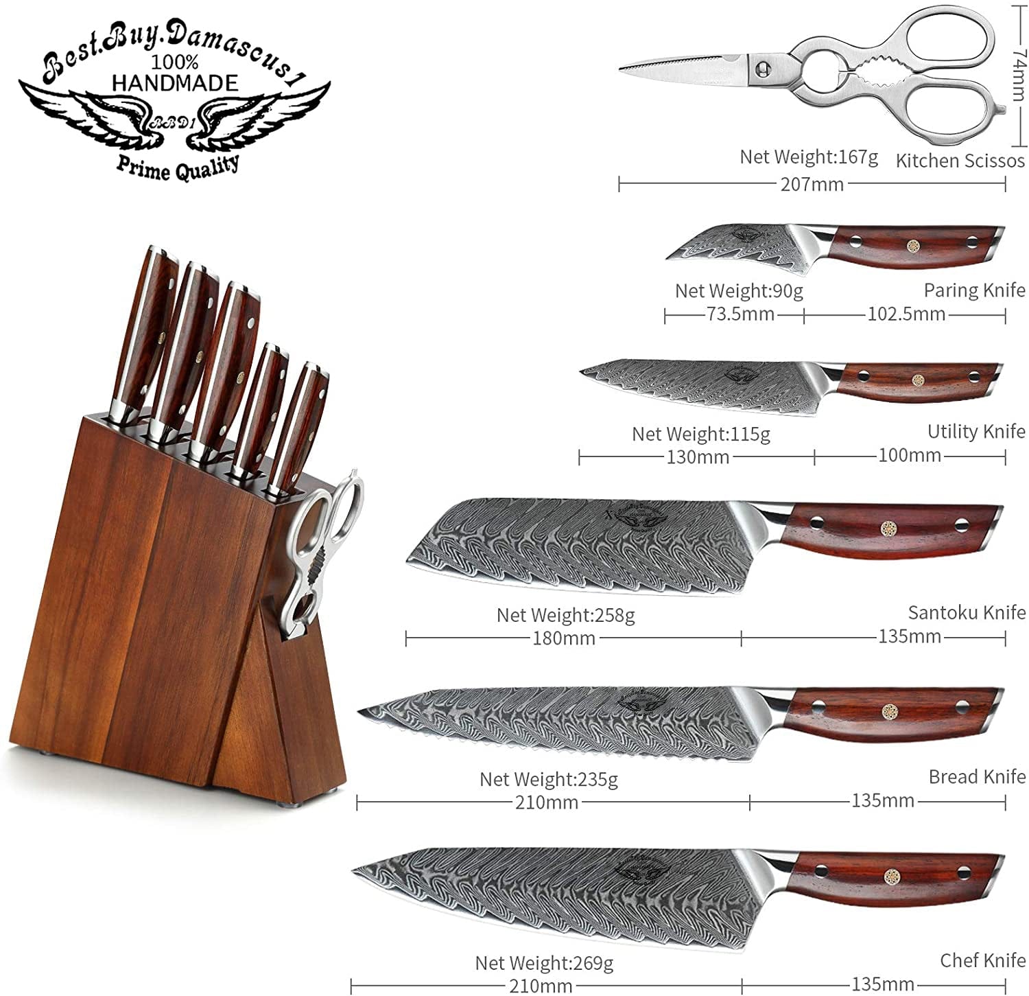 7-Piece Professional Damascus Steel Kitchen Knife Set with Wooden Block - Chef Knife, Santoku, Bread & Utility Knives for Cooking, Slicing & Food Prep | Perfect for Home Chefs & Professional Kitchens
