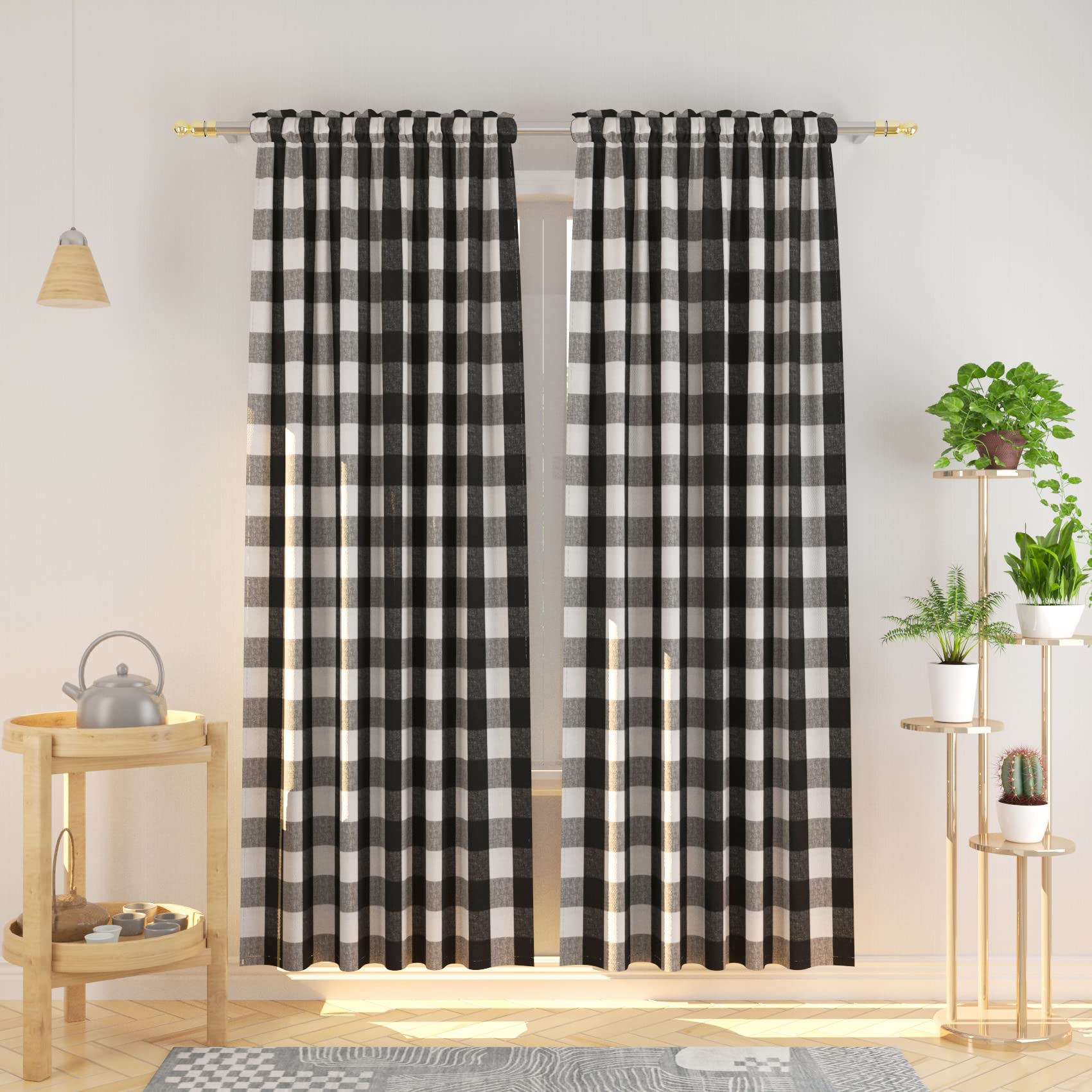 Buffalo Check Cotton Curtains 84 Inch Length - Black & White Gingham Plaid Window Drapes (Set of 2 Panels) with Rod Pocket for Kitchen, Living Room, Bedroom & Basement - Cozy Farmhouse Style Window Treatment for Home Decor