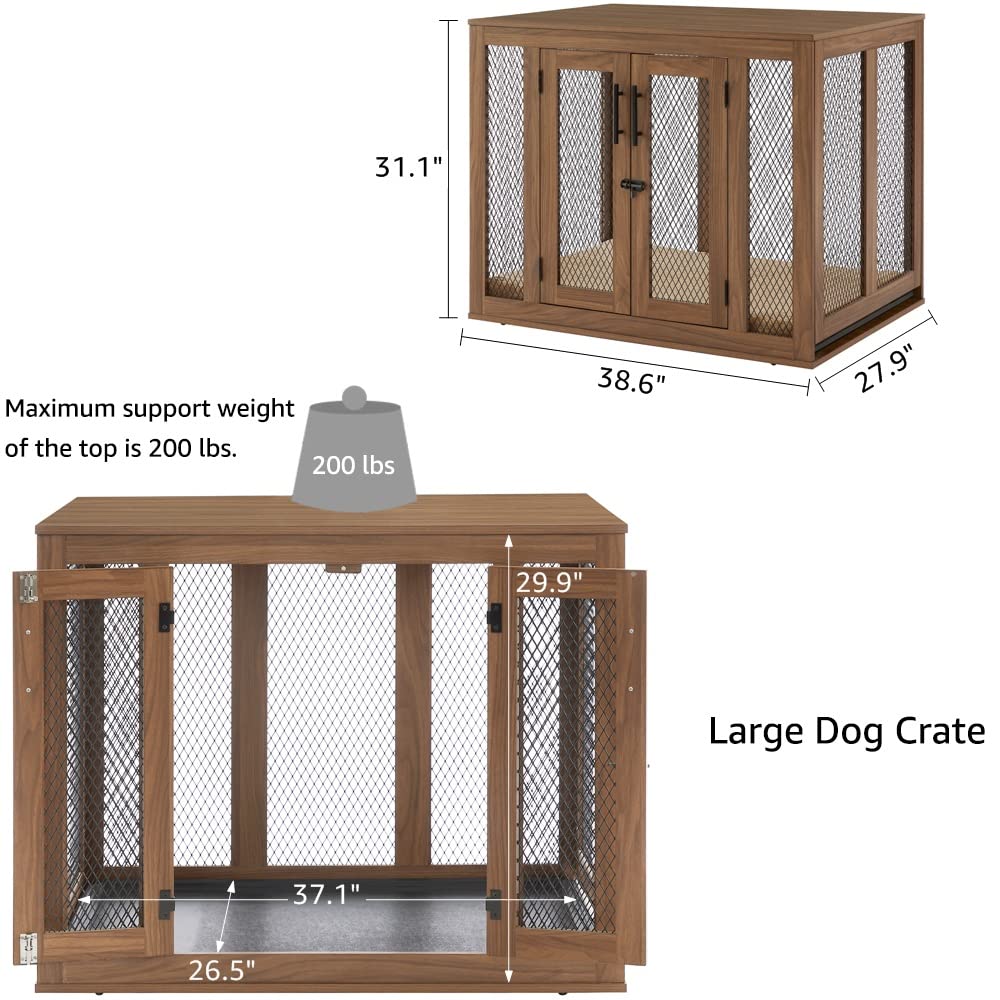 Unipaws Modern Wooden Dog Crate with Tray - Large Indoor Pet Kennel House Cage with Door, Aesthetic Walnut End Table & Nightstand for Living Room, Bedroom Decor | Perfect for Home, Office & Apartment Use