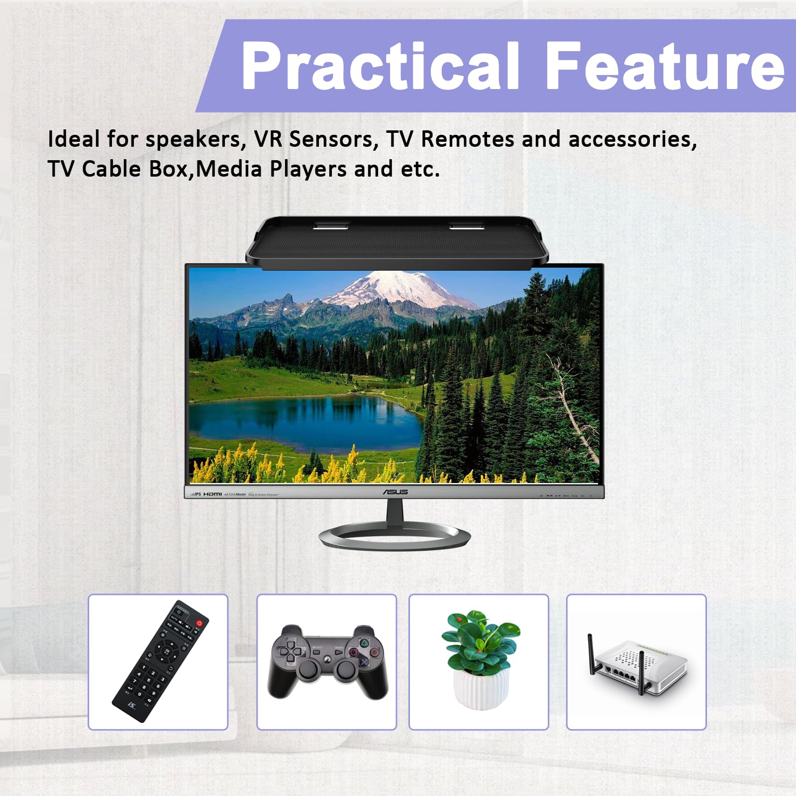 JXMTSPW TV Top Shelf Adjustable Monitor Stand - Dual Storage Bracket Tray for Computer Screen, Cellphone, Media Box, Game Console, Router, Speakers - Perfect for Home Office, Gaming Setup & Entertainment Center (Black, 2pcs)