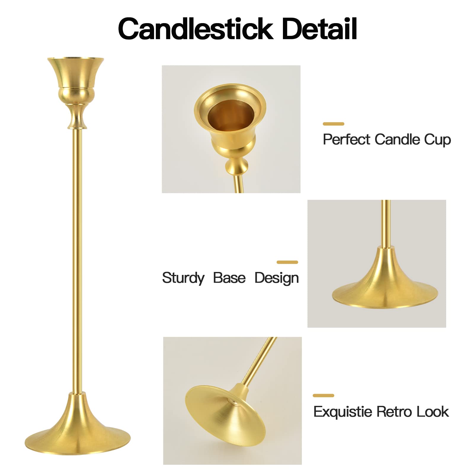 Premium Brass Candle Holders Set of 3 - Elegant Gold Taper Candlesticks for Weddings, Parties & Dining Table Centerpieces - Fits Thick & LED Candles - Perfect for Romantic Dinners, Holiday Decor & Home Ambiance