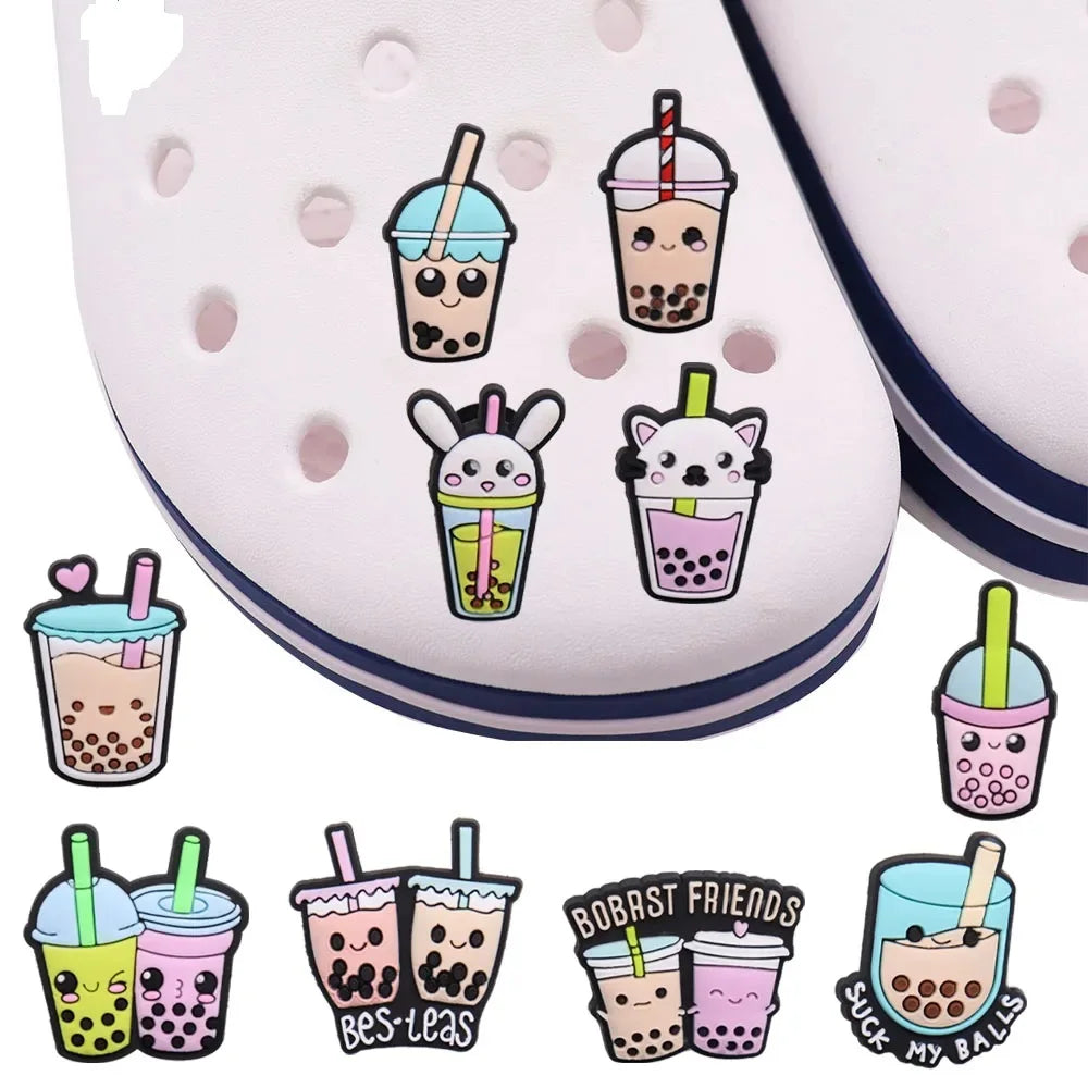 1PCS PVC Shoe Charms - Cute Bubble Tea Drink Rabbit Heart Sandals Decoration for Wristbands & Slippers | Fun Accessories for Kids, Girls Gift Ideas | Perfect for DIY Crafts, Party Favors & Fashion Styling