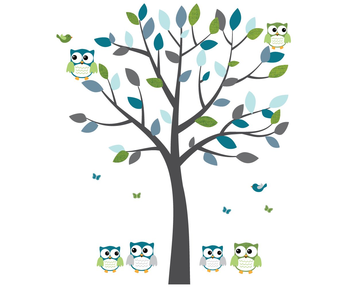 Blue Gray Owl Wall Decal & Tree Stickers - Nursery Room Decor for Boys - Perfect for Kids Bedroom, Playroom & Classroom Decorations